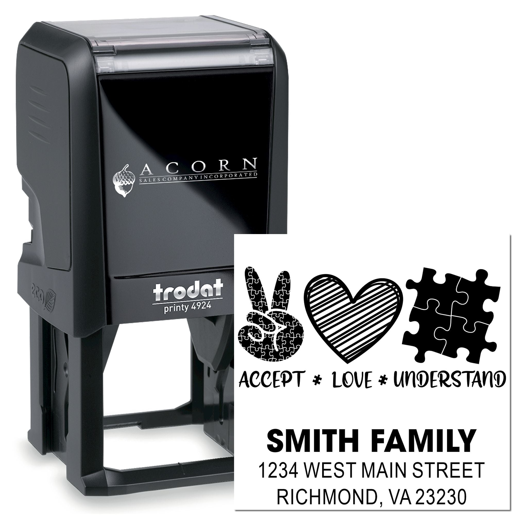 Custom personalized family address rubber stamp with Trodat Printy 4924 self-inking stamp and decorative icons.