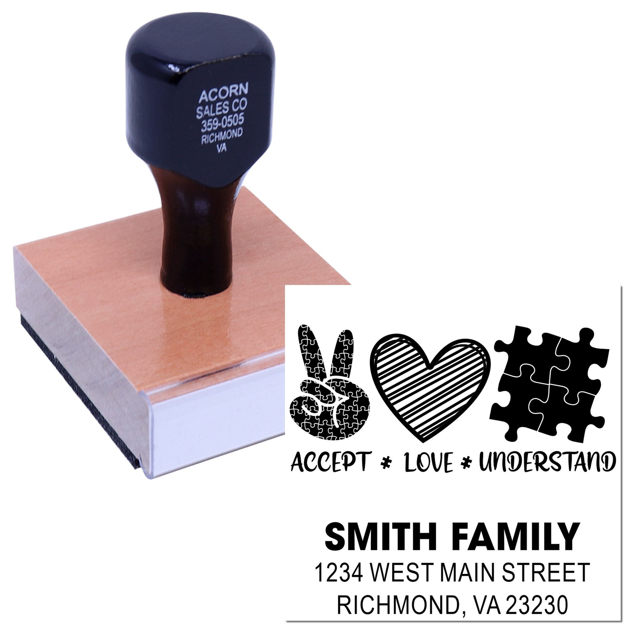 Custom family address rubber stamp with autism acceptance design and Smith Family return address.