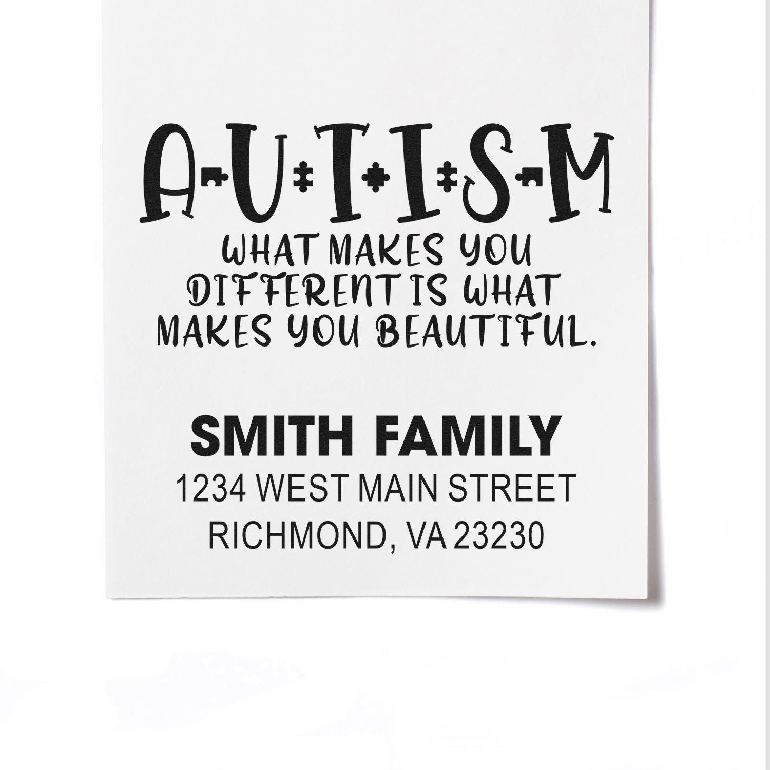 Custom autism awareness return address rubber stamp for the Smith family, Richmond, VA address.