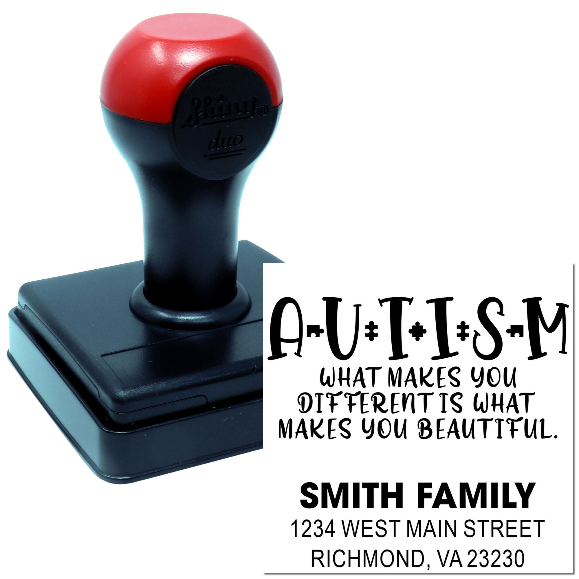 Personalized self-inking rubber stamp with autism awareness quote and Smith Family custom address imprint.