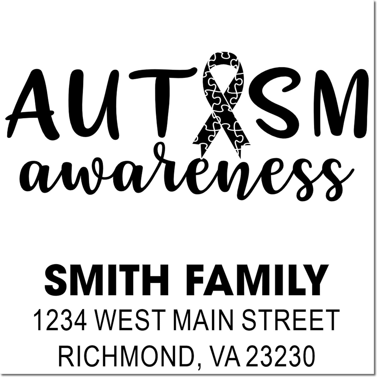 Autism awareness rubber stamp design and custom Smith Family return address stamp with Richmond, VA address.