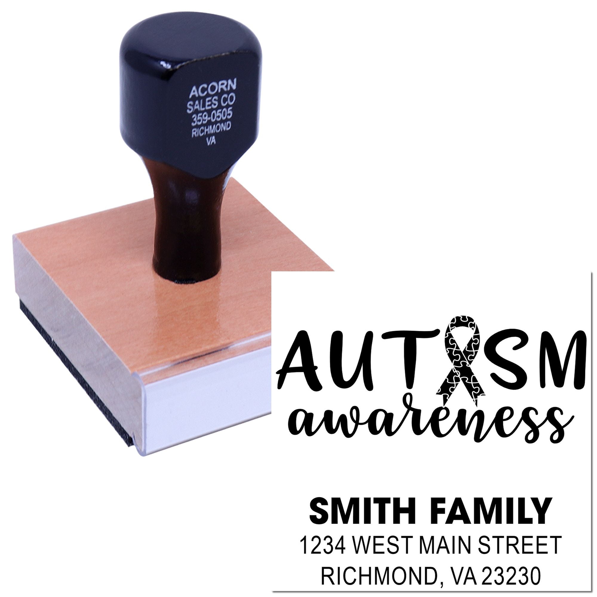 Custom rubber stamp for autism awareness with Smith Family return address design for personalized mailing.