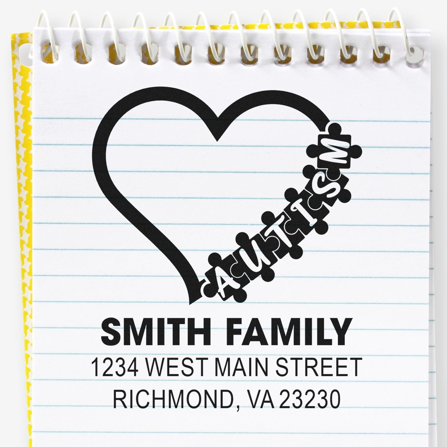 Custom autism heart rubber stamp with Smith Family return address for envelopes and awareness mailings