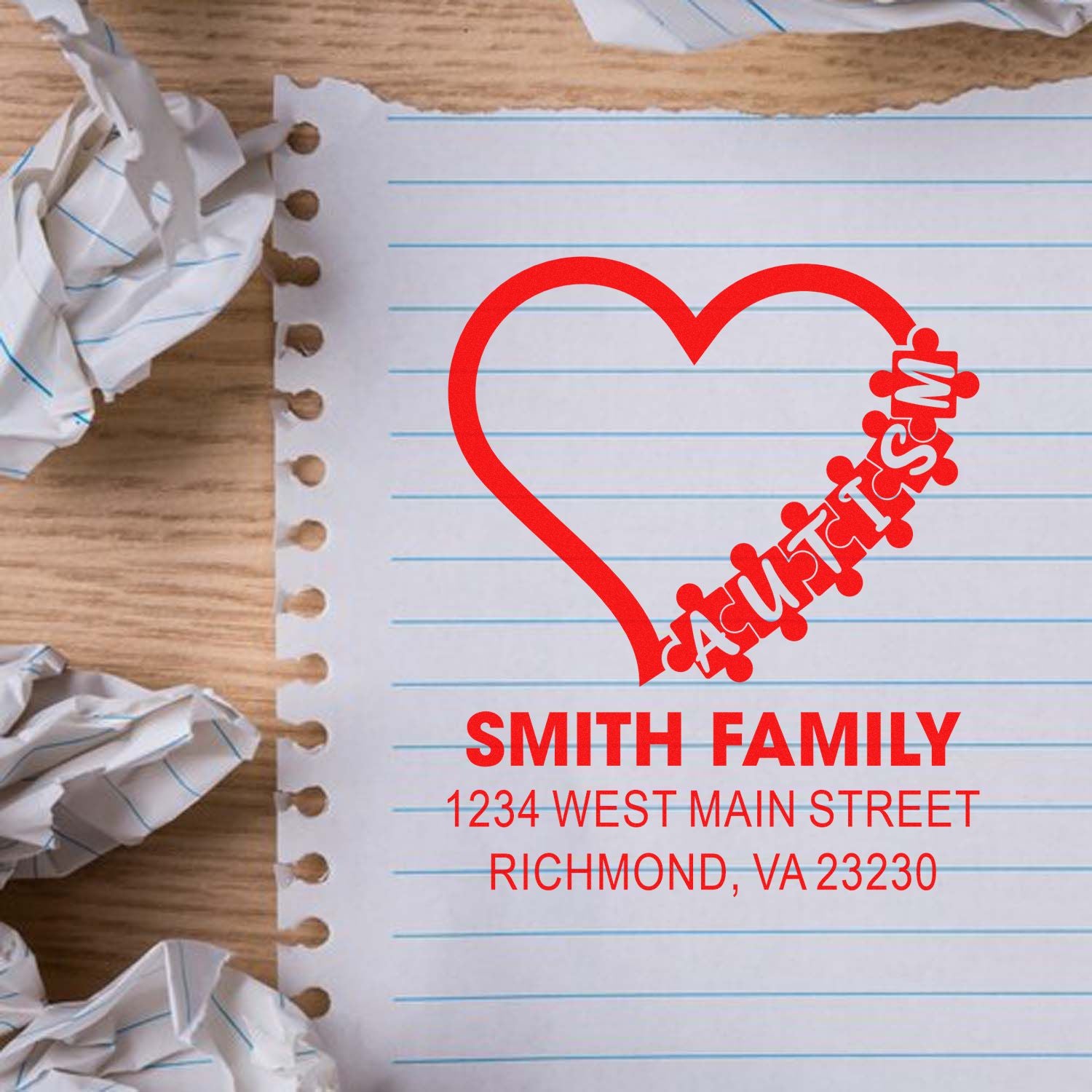 Personalized rubber stamp with heart design, featuring Smith Family custom return address in Richmond, VA.