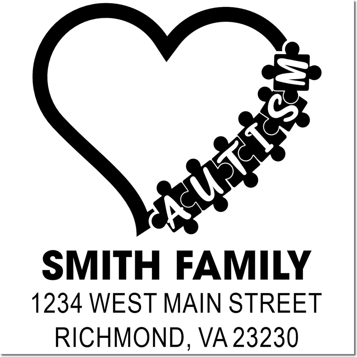Custom family address rubber stamp with autism awareness heart design, Smith Family, Richmond, VA 23230.