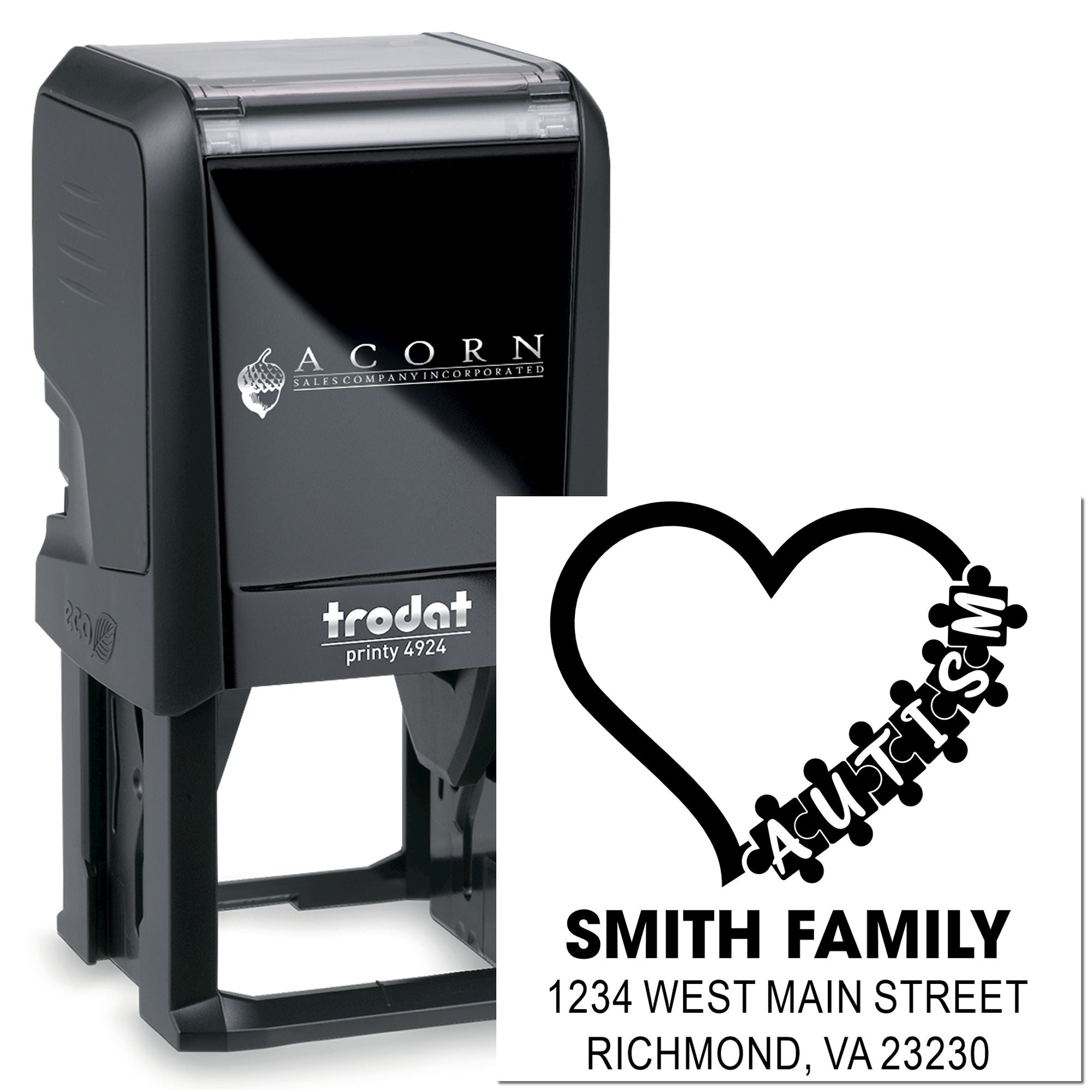 Self-inking custom rubber stamp with heart logo and Smith Family return address for personalized envelopes