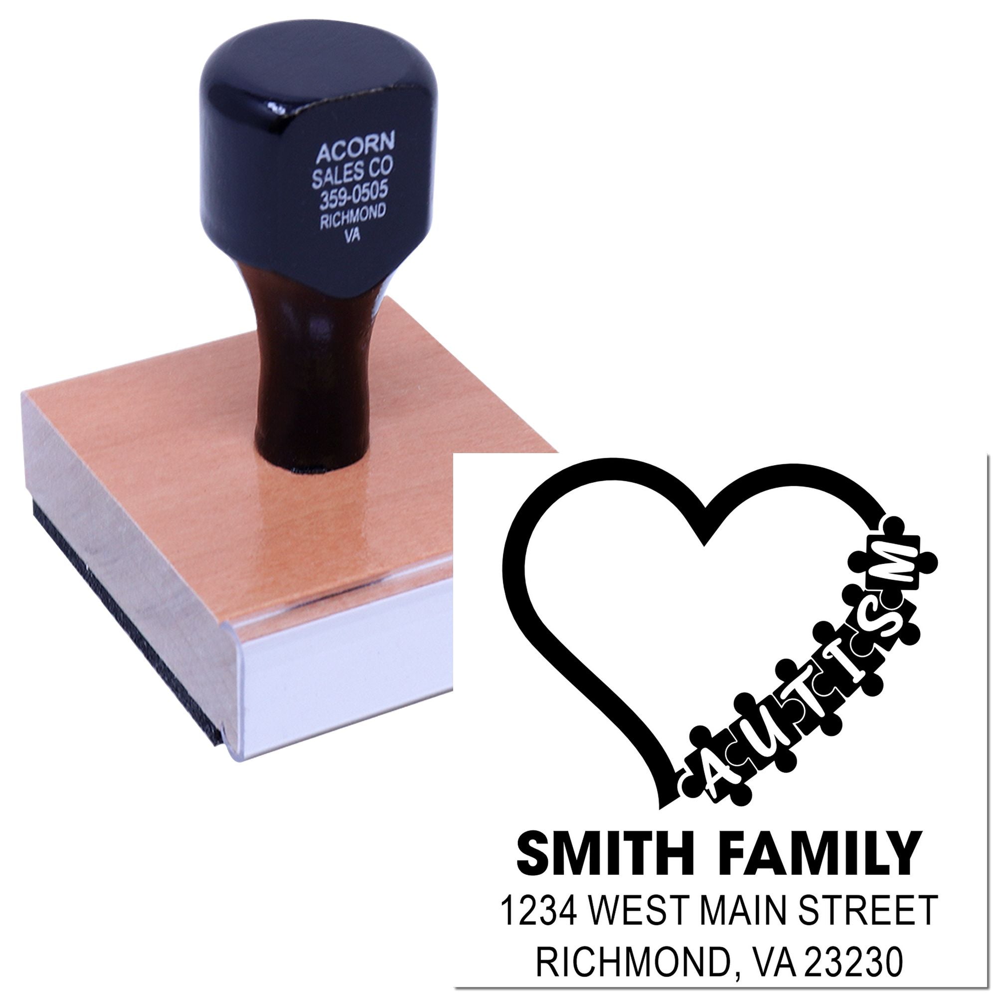 Custom self-inking rubber address stamp with heart design, shown with personalized family return address imprint.