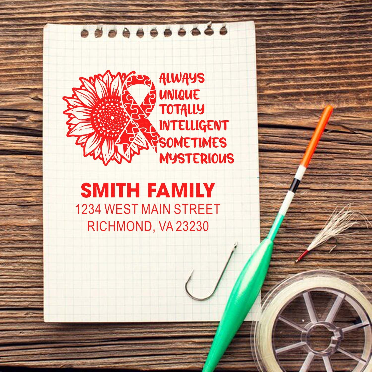 Personalized return address rubber stamp mockup featuring sunflower ribbon and Smith family details