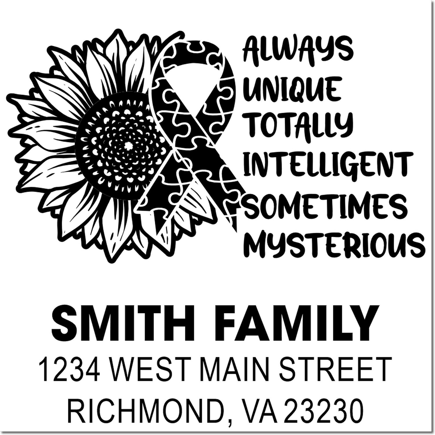 Autism awareness custom address stamp with sunflower puzzle ribbon, Smith Family, Richmond, VA.