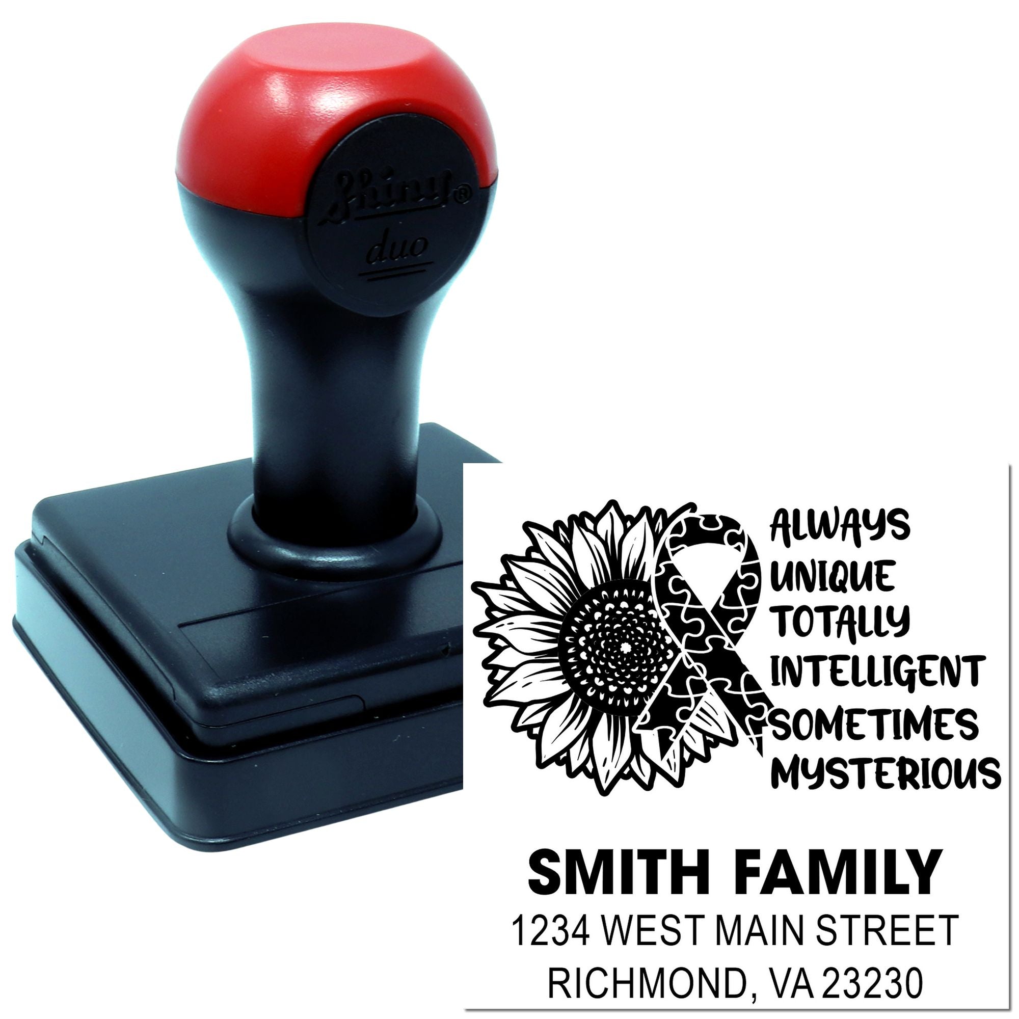 Custom self-inking rubber stamp with Smith family address design and sunflower ribbon for personalized mail.