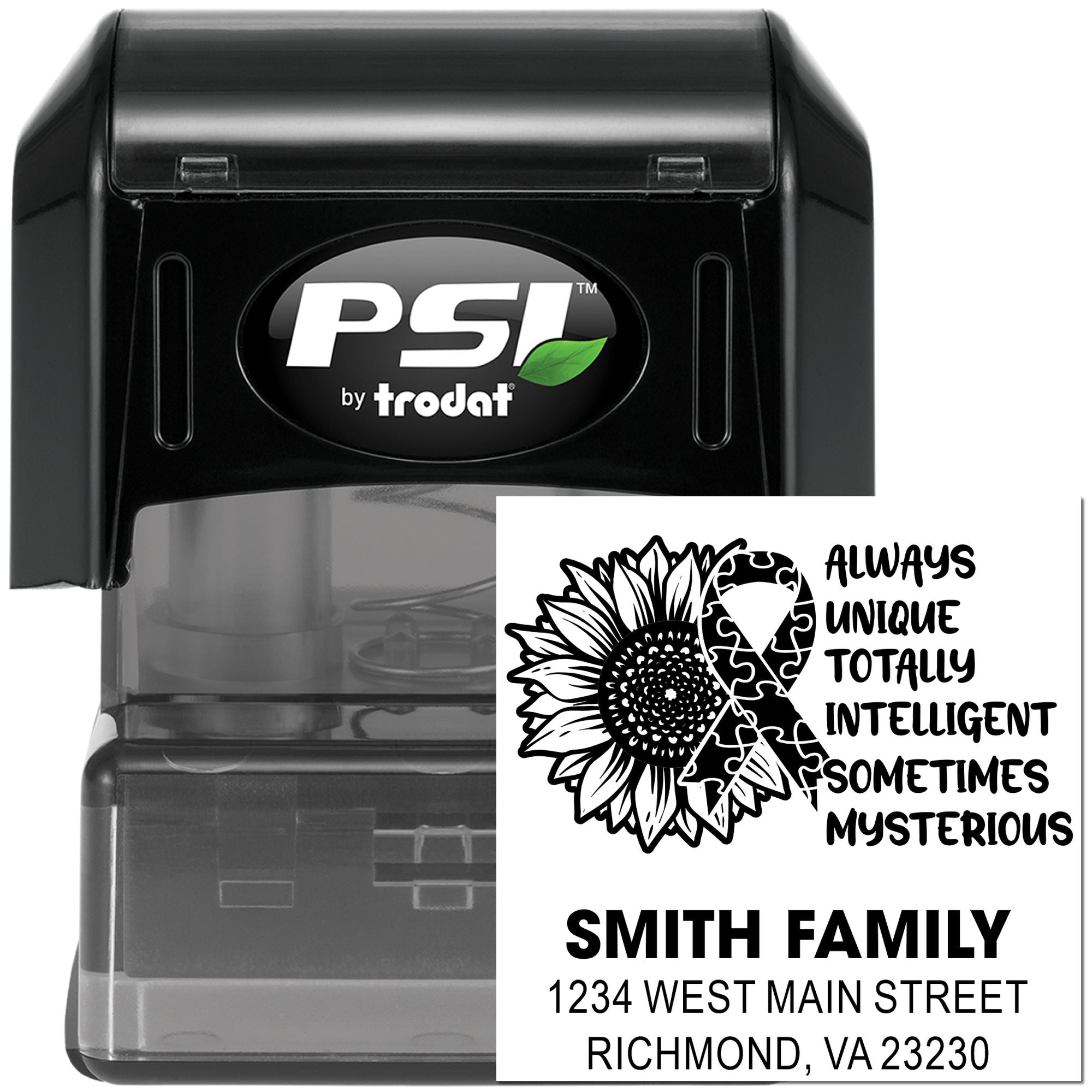 Custom self-inking rubber stamp for family return address with sunflower design, Smith Family name, and address.
