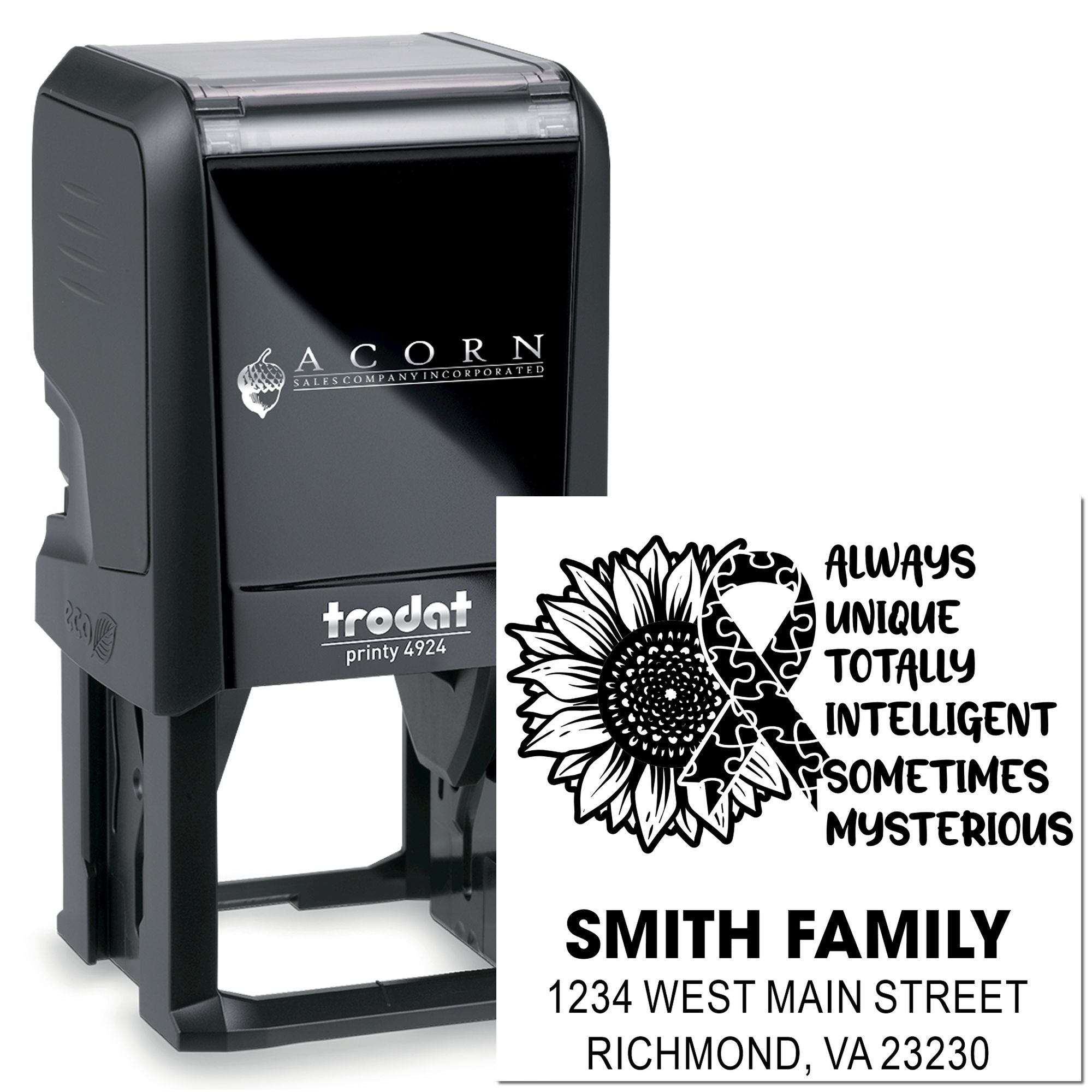 Custom self-inking rubber stamp with personalized family name and return address for mailing, branding, and office use.