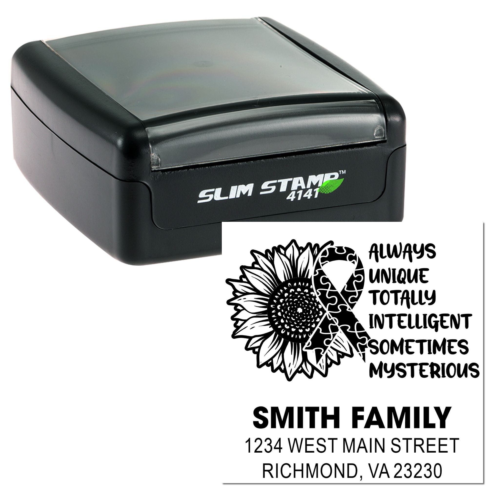 Custom self-inking rubber stamp with sunflower design and Smith Family address imprint for personalized mailing