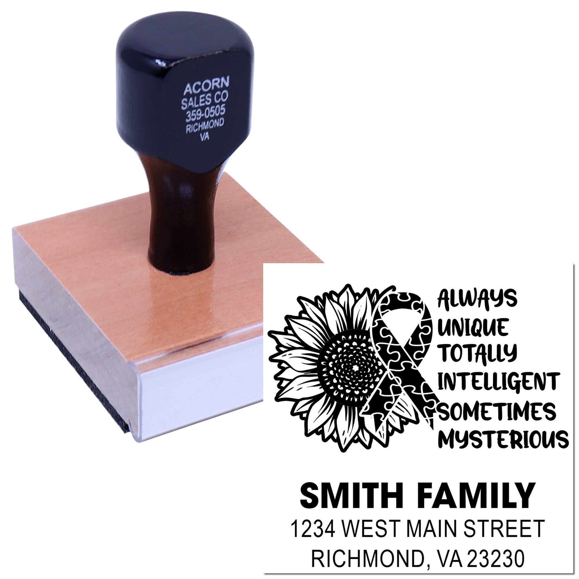 Custom rubber stamp with personalized family return address and sunflower design for envelopes, cards and crafts.