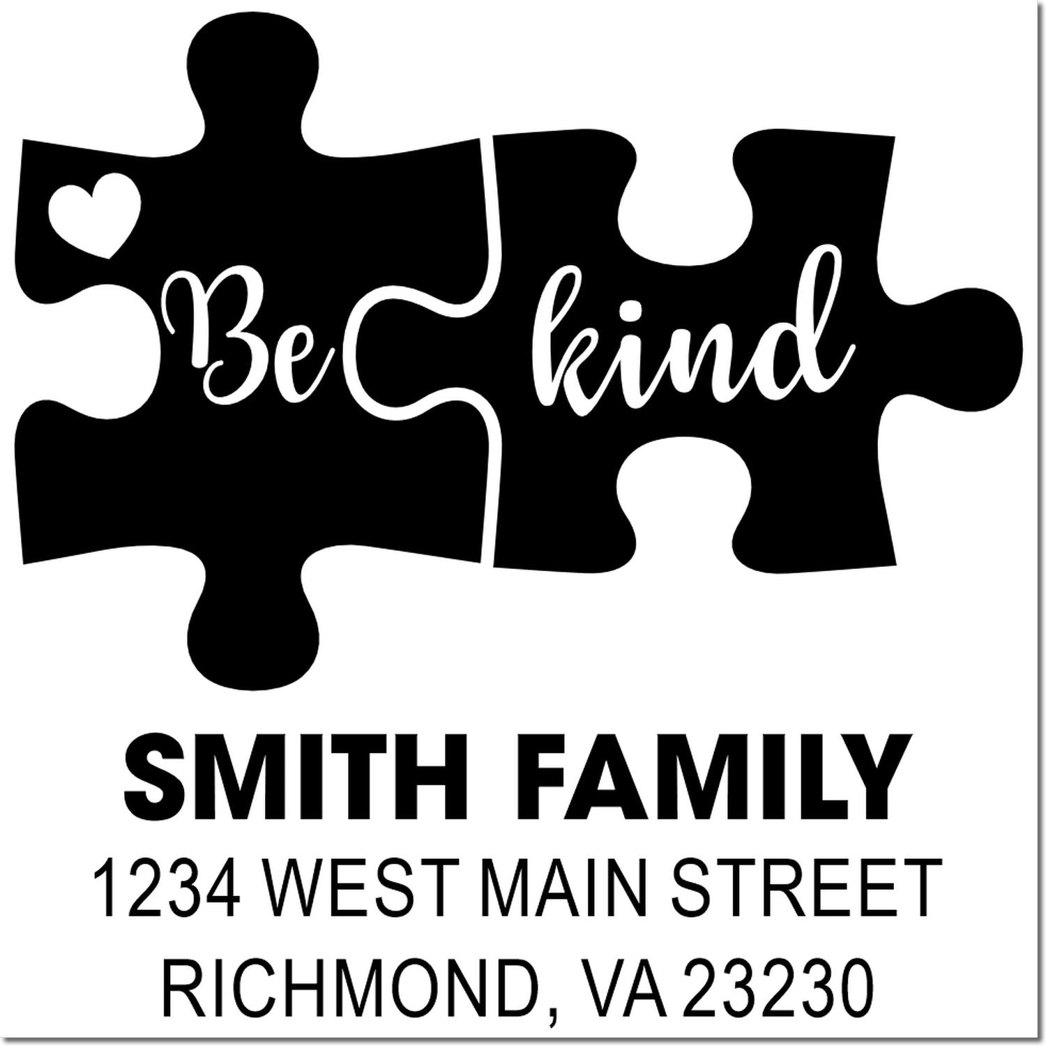 Custom family return address rubber stamp with Be kind puzzle design, personalized Smith Family address stamp.