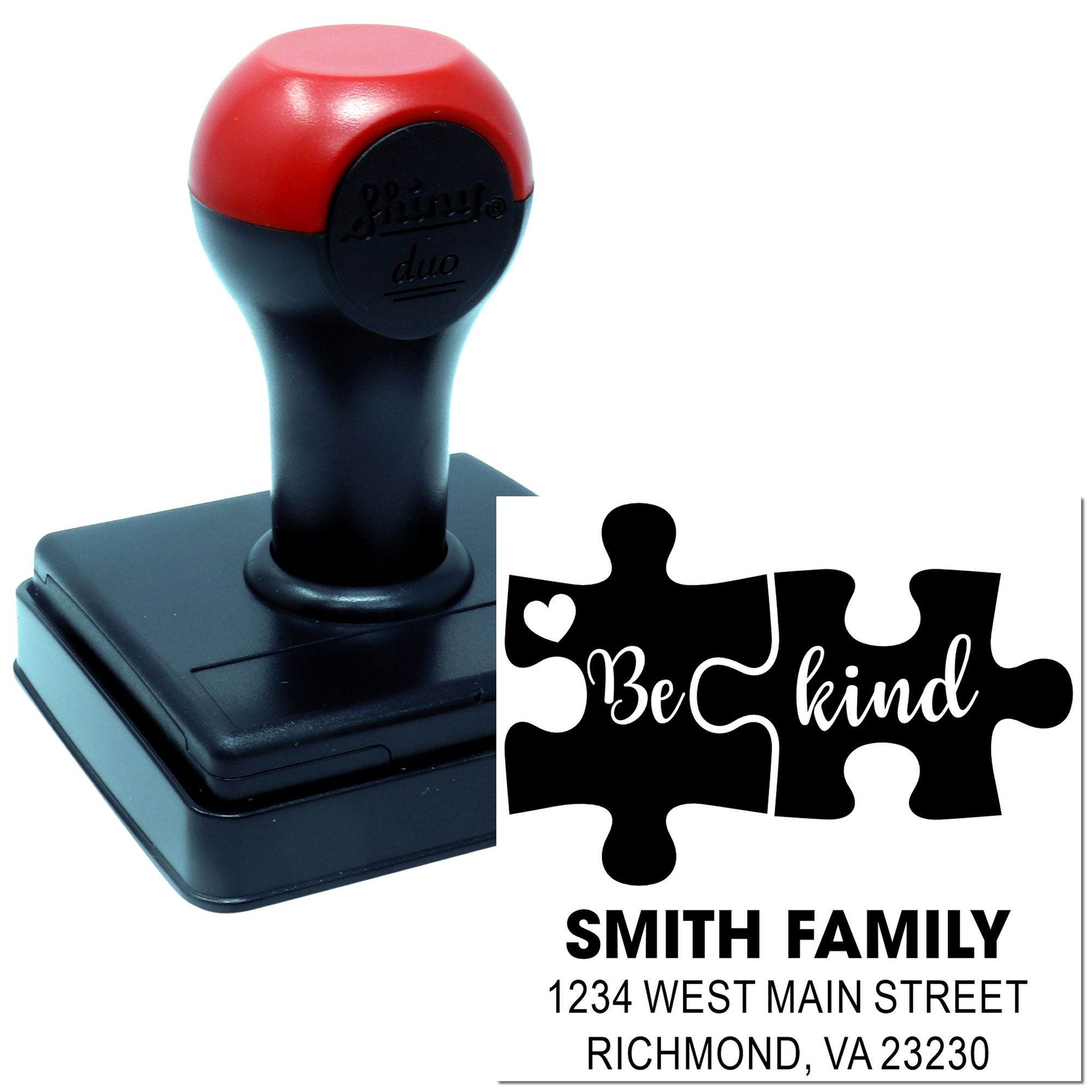 Custom self-inking rubber stamp with Be kind puzzle design and Smith Family return address for personalized mailing