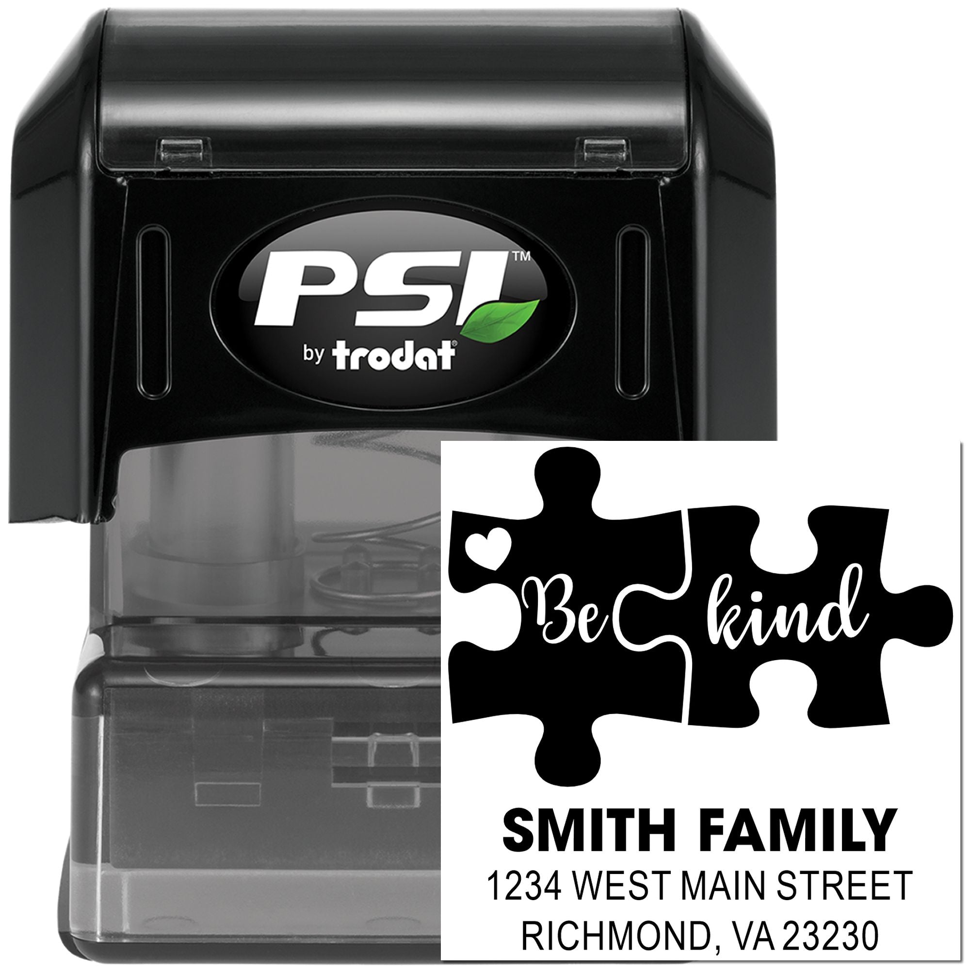 Custom self-inking rubber stamp with Be kind puzzle design and Smith Family address imprint, PSI by Trodat.