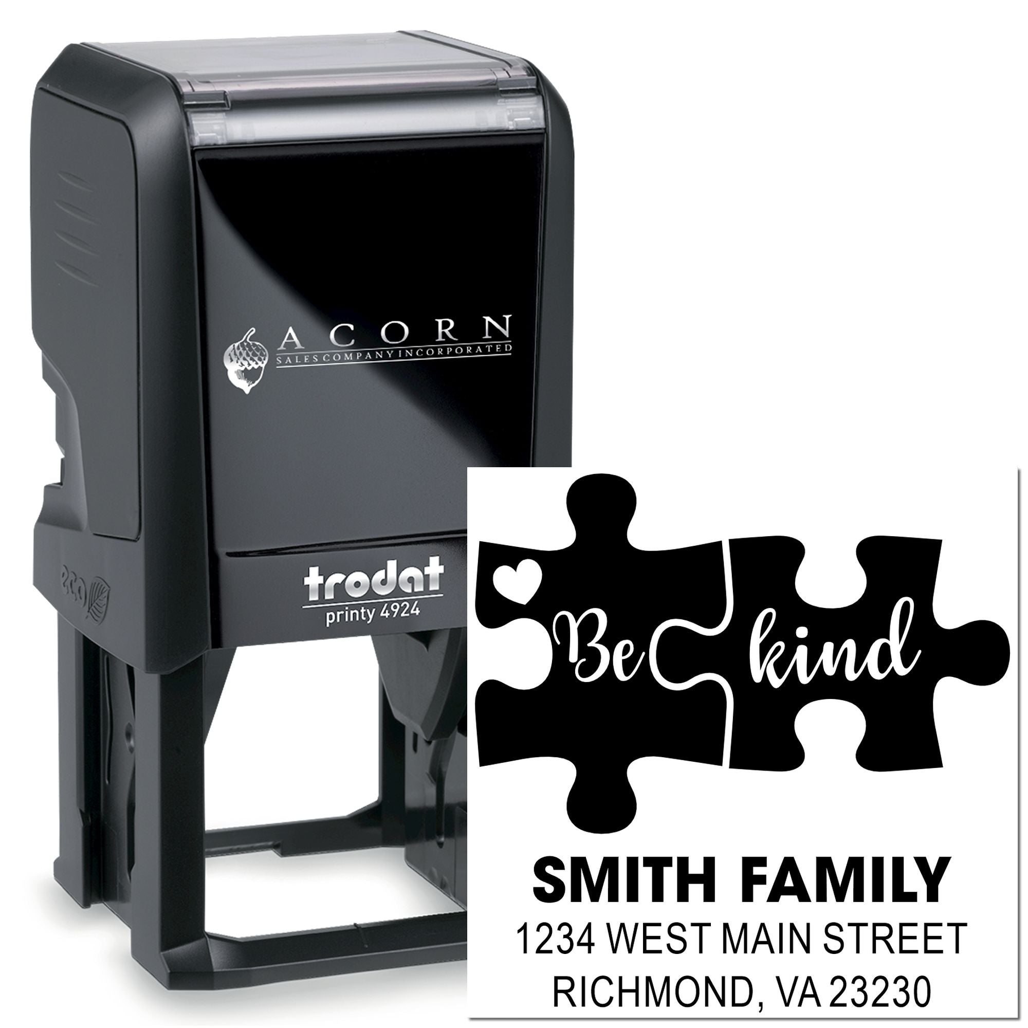 Custom self-inking rubber stamp with puzzle-piece Be Kind design, Smith Family name and Richmond, VA address for personalized mailing.