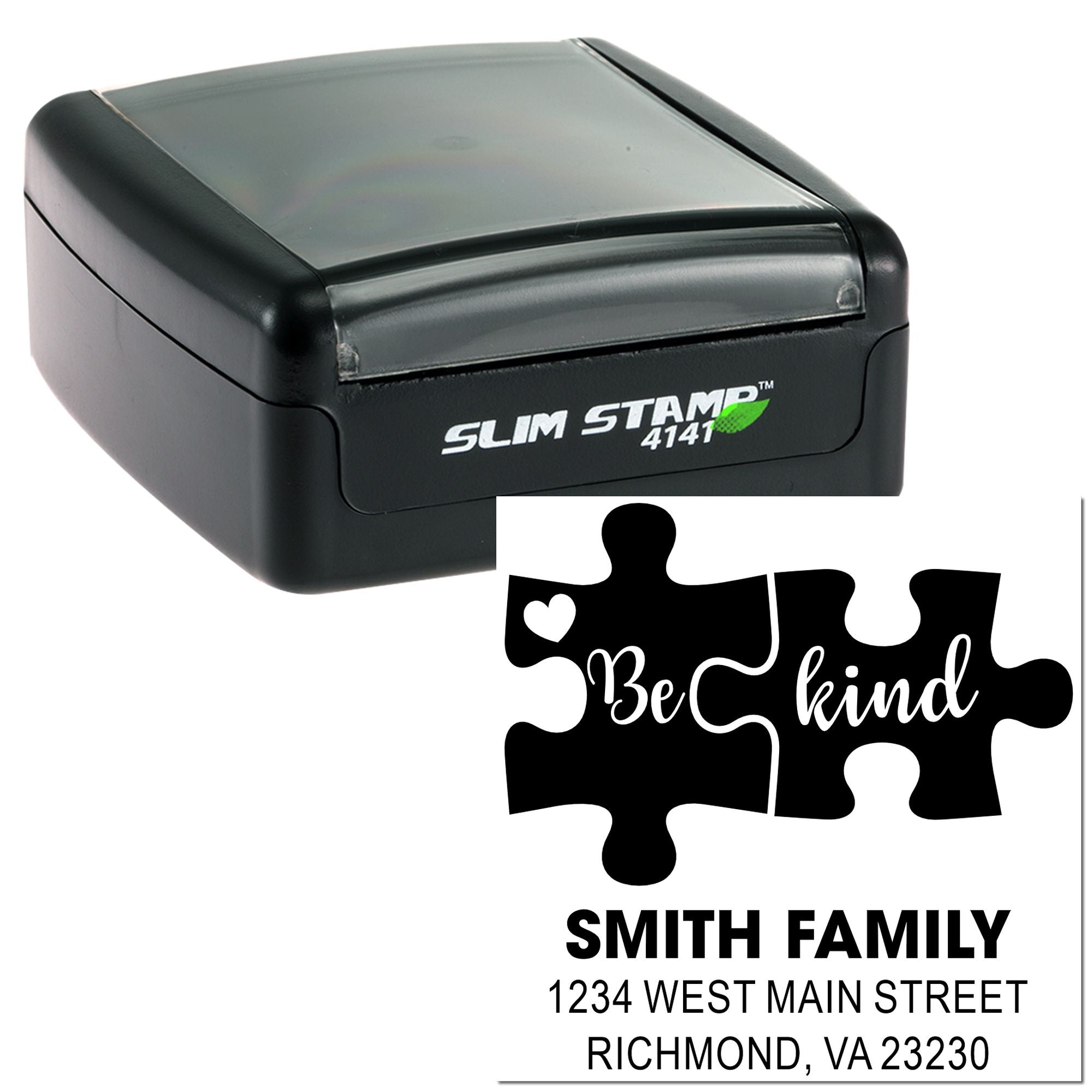 Slim Stamp 4141 custom self-inking rubber address stamp with Be Kind puzzle design and Smith family mailing address sample