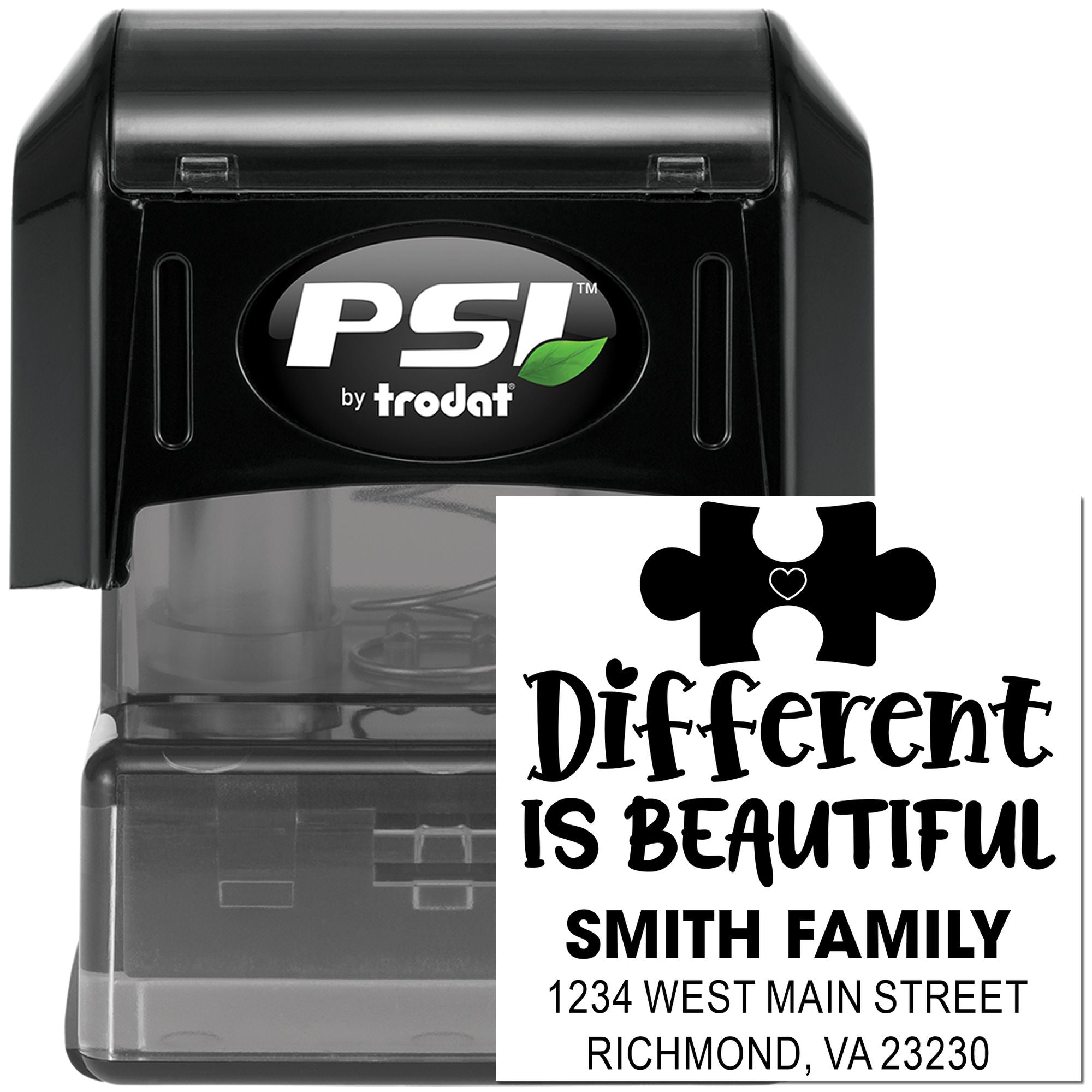 Custom self-inking address rubber stamp with Different Is Beautiful design for Smith Family mailing and packaging.