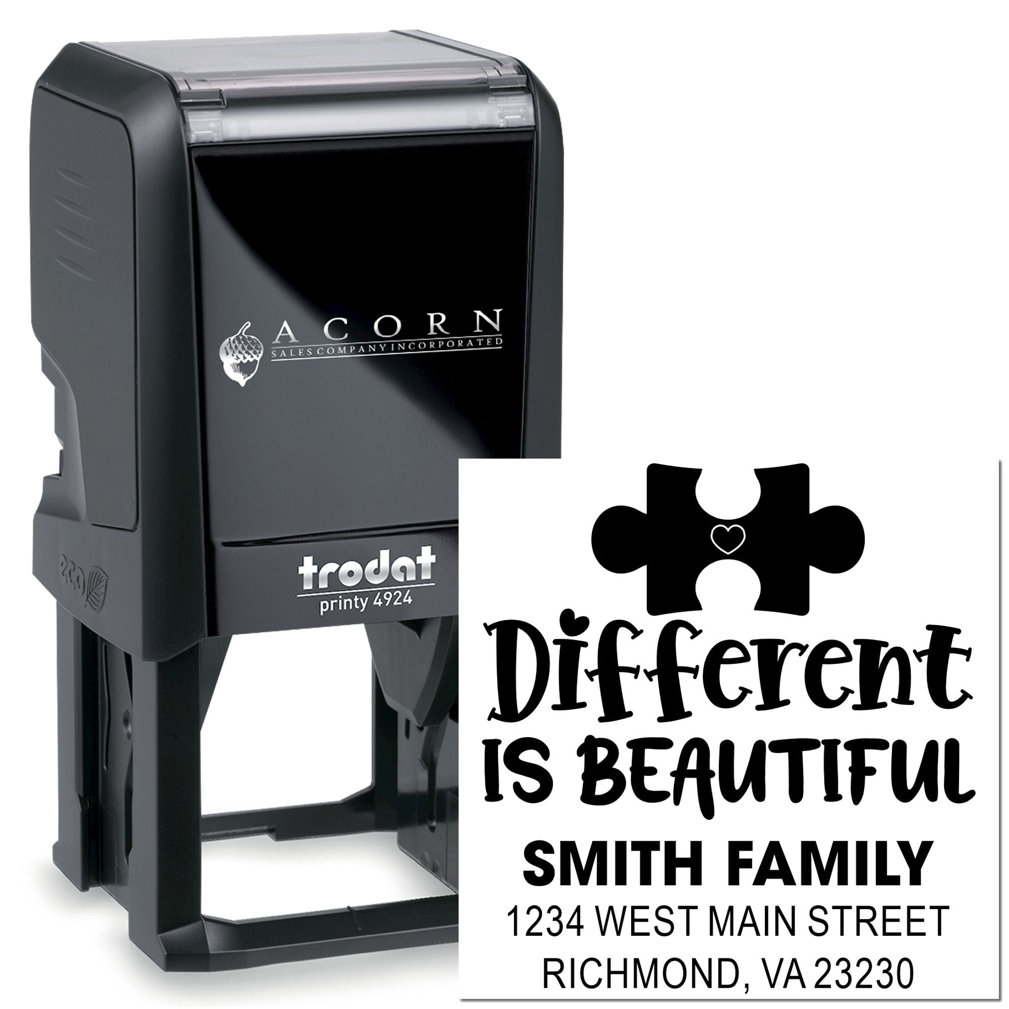 Custom Trodat Printy 4924 self-inking rubber stamp with Different Is Beautiful family address design