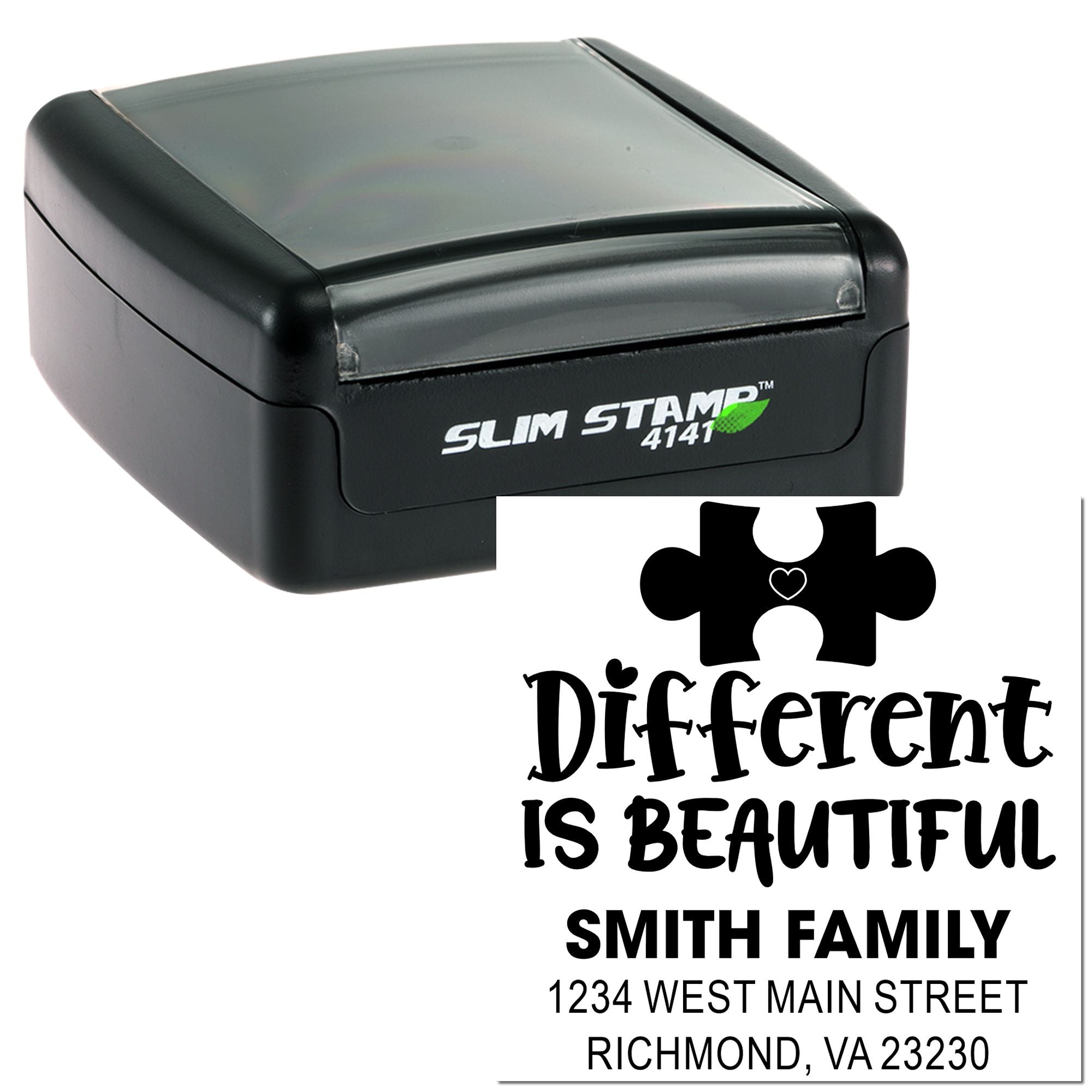 Slim self-inking rubber stamp with Different Is Beautiful design and Smith family address.
