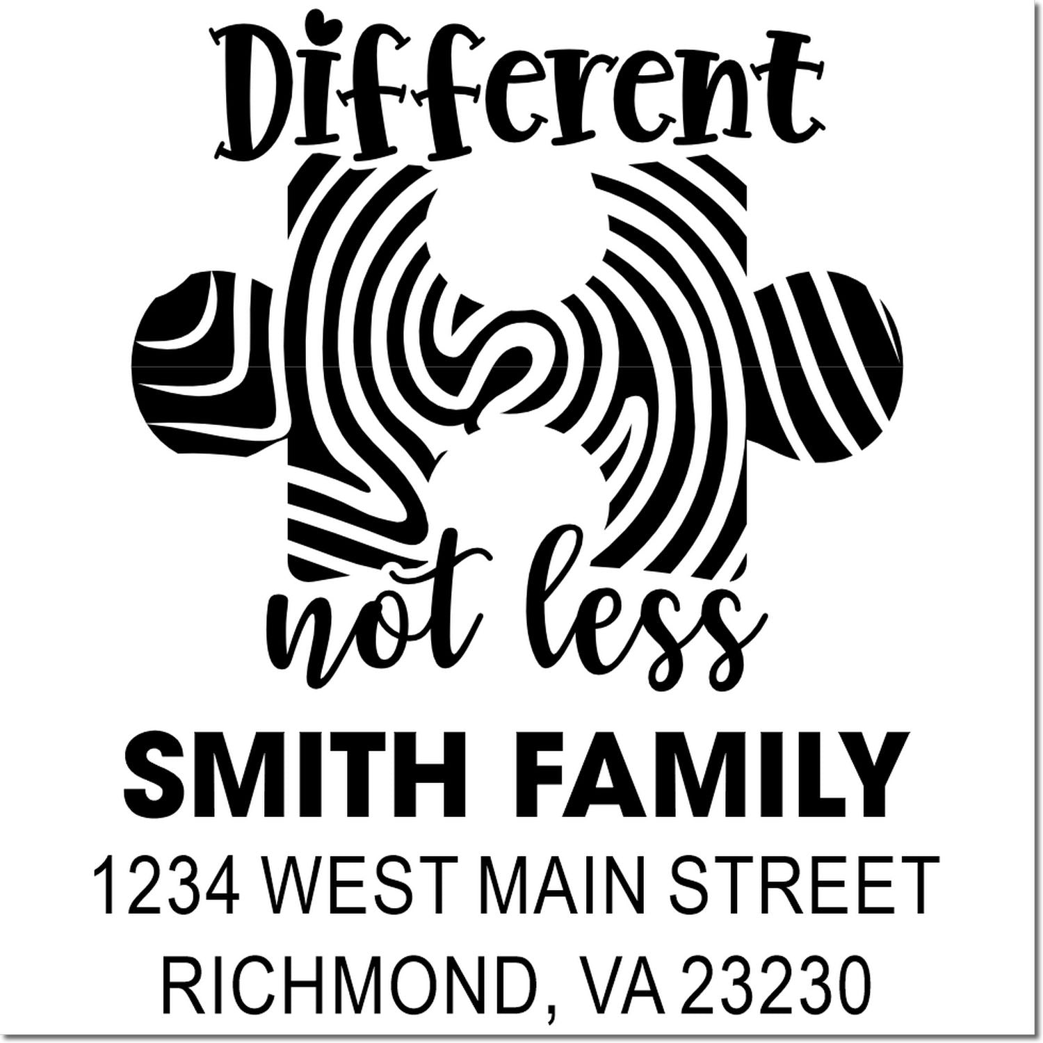 Custom rubber stamp design with Different not less, Smith Family name, and Richmond, VA address for personalized mailing.