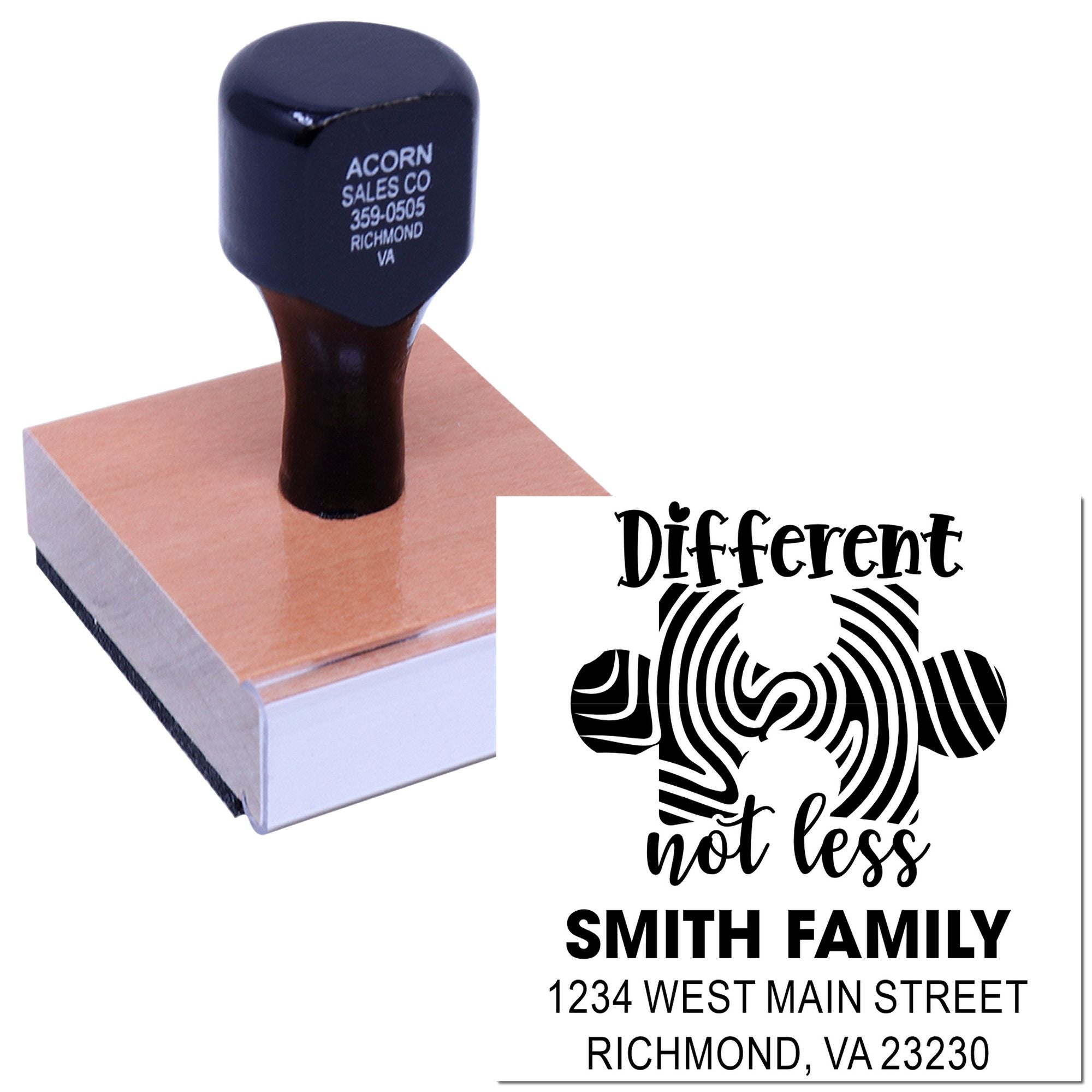 Personalized rubber address stamp with Different not less design, Smith family name, and Richmond, VA address.