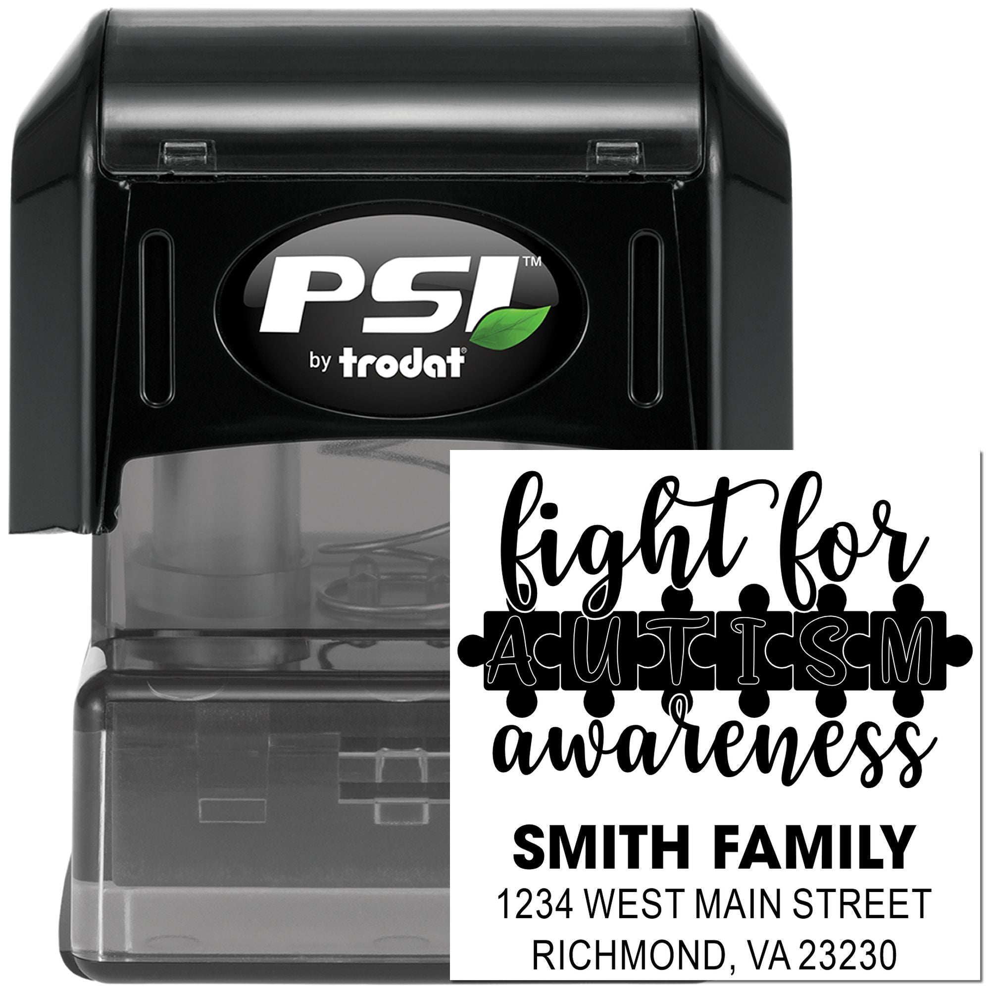 Custom self-inking rubber stamp for autism awareness return address, featuring Smith family name and Richmond, VA address.