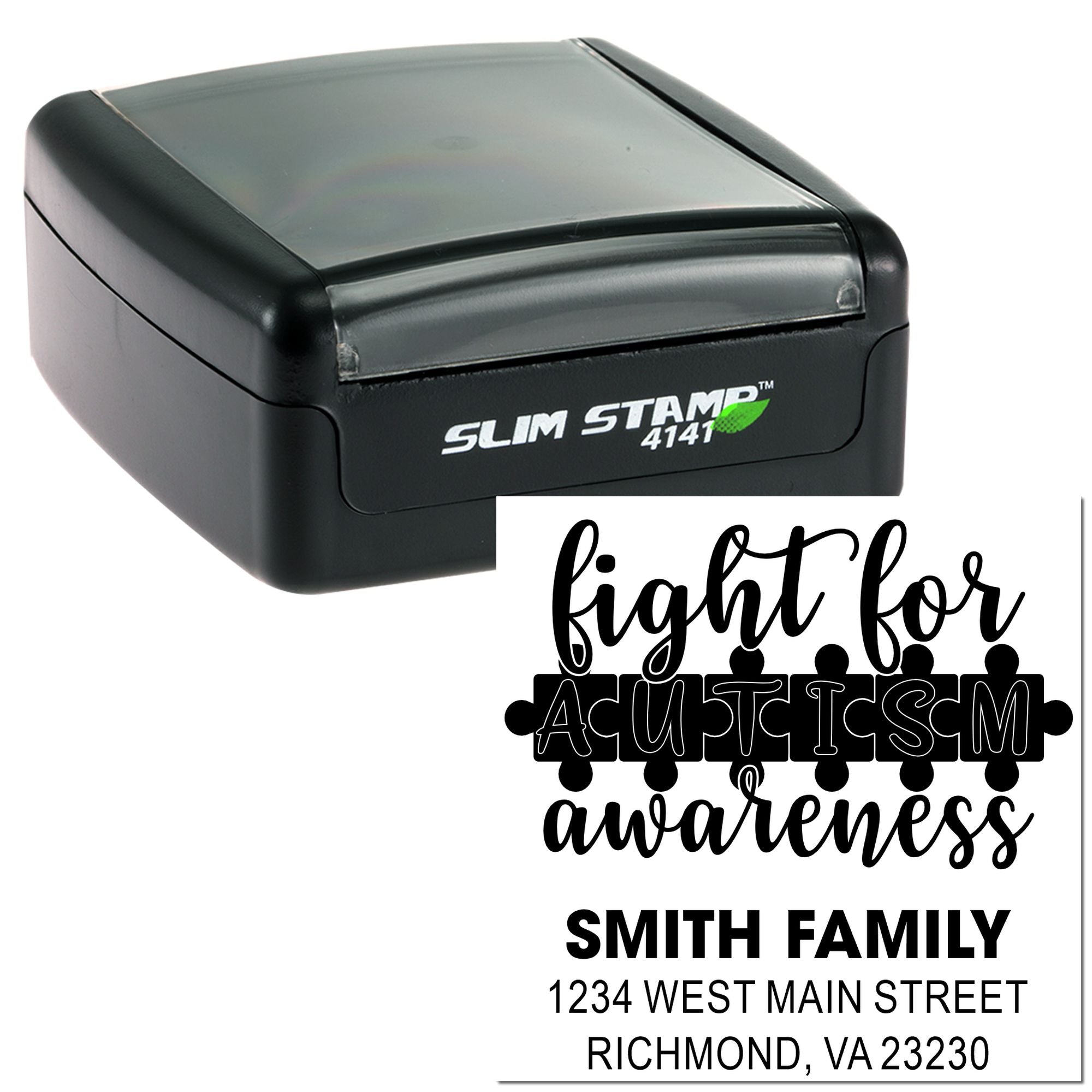 Slim Stamp 4141 self-inking rubber stamp with custom family address and awareness design imprint example.