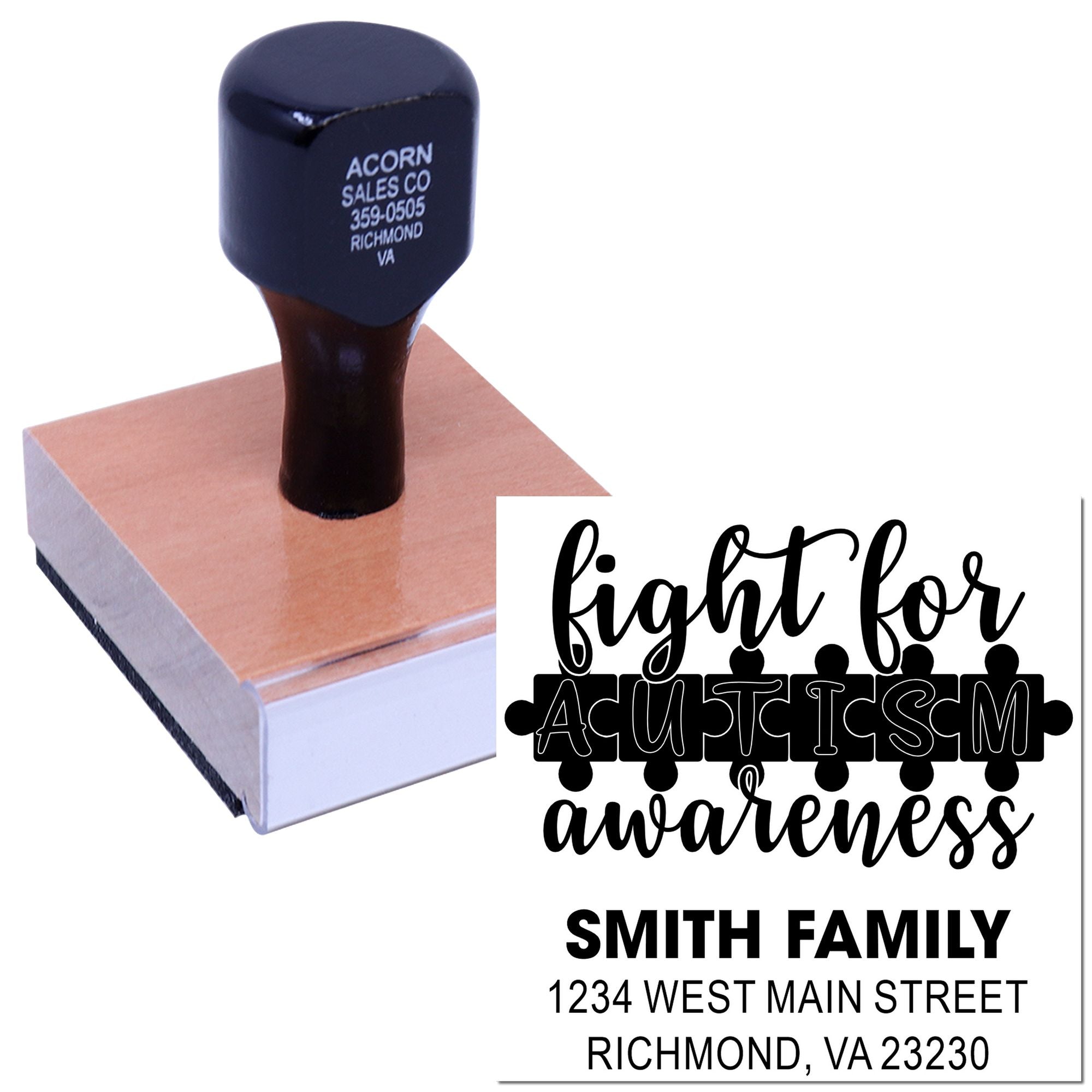 Custom rubber stamp design for autism awareness with Smith Family name, address, and Richmond, VA.