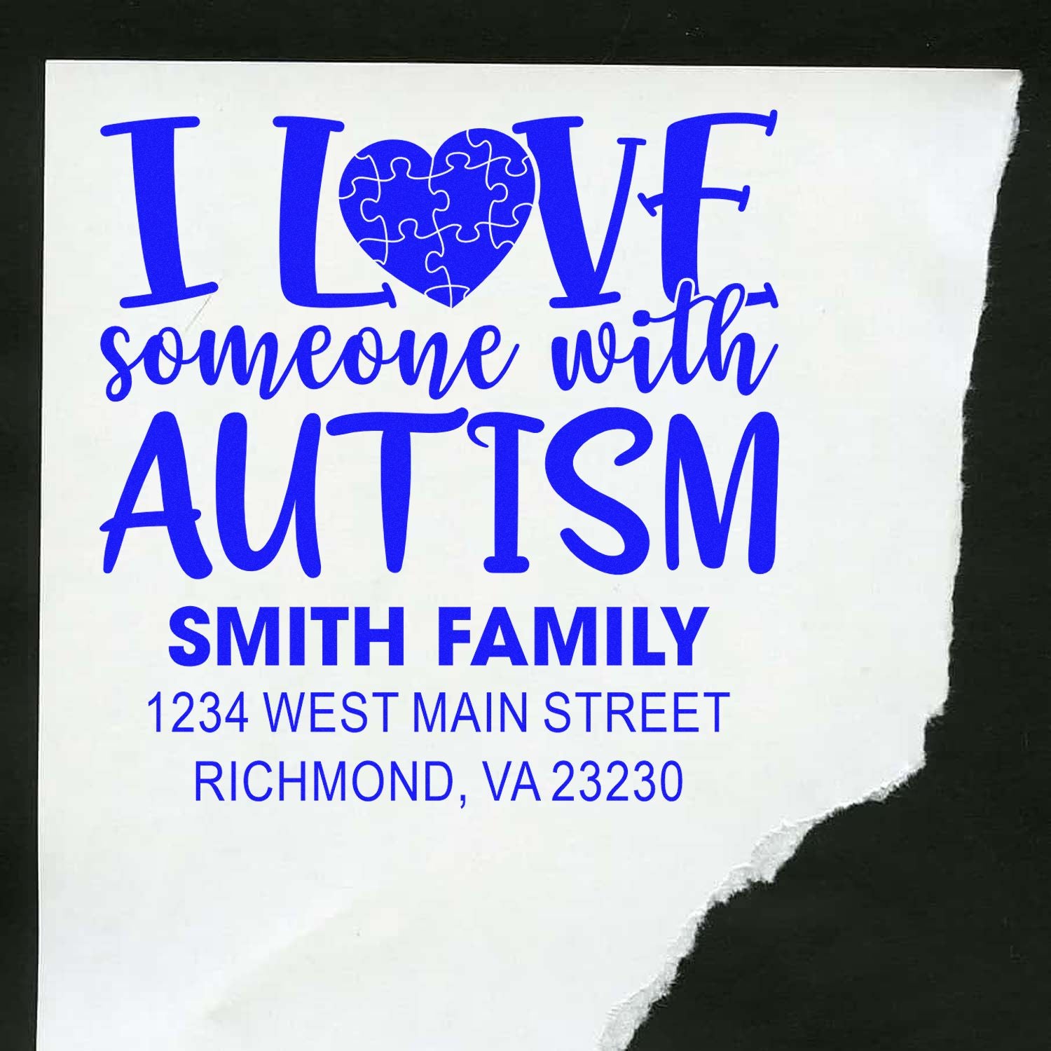 Custom autism awareness rubber stamp with I Love Someone with Autism, Smith Family return address, and puzzle heart design.