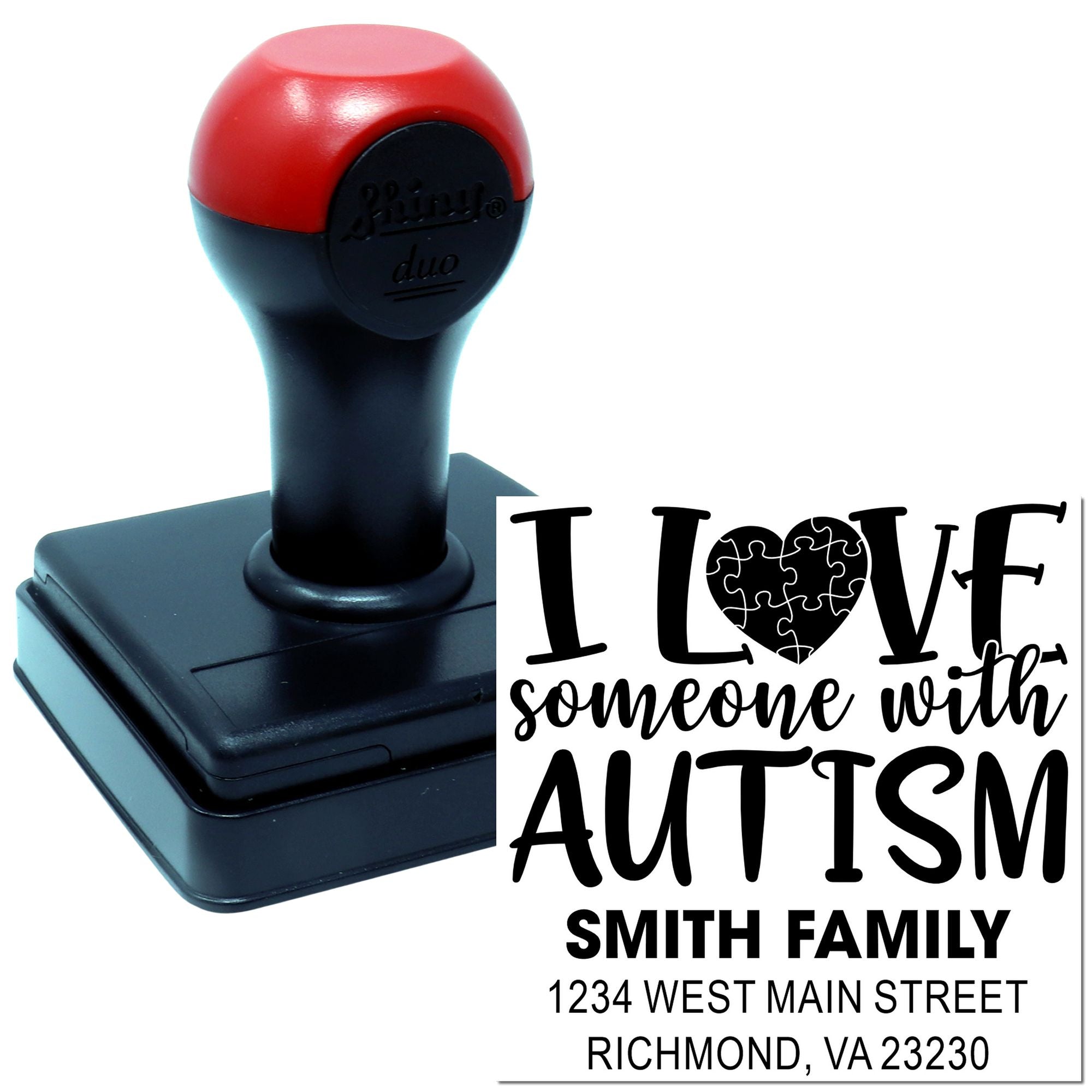 Personalized self-inking rubber stamp with I Love Someone with Autism family address design for autism awareness.