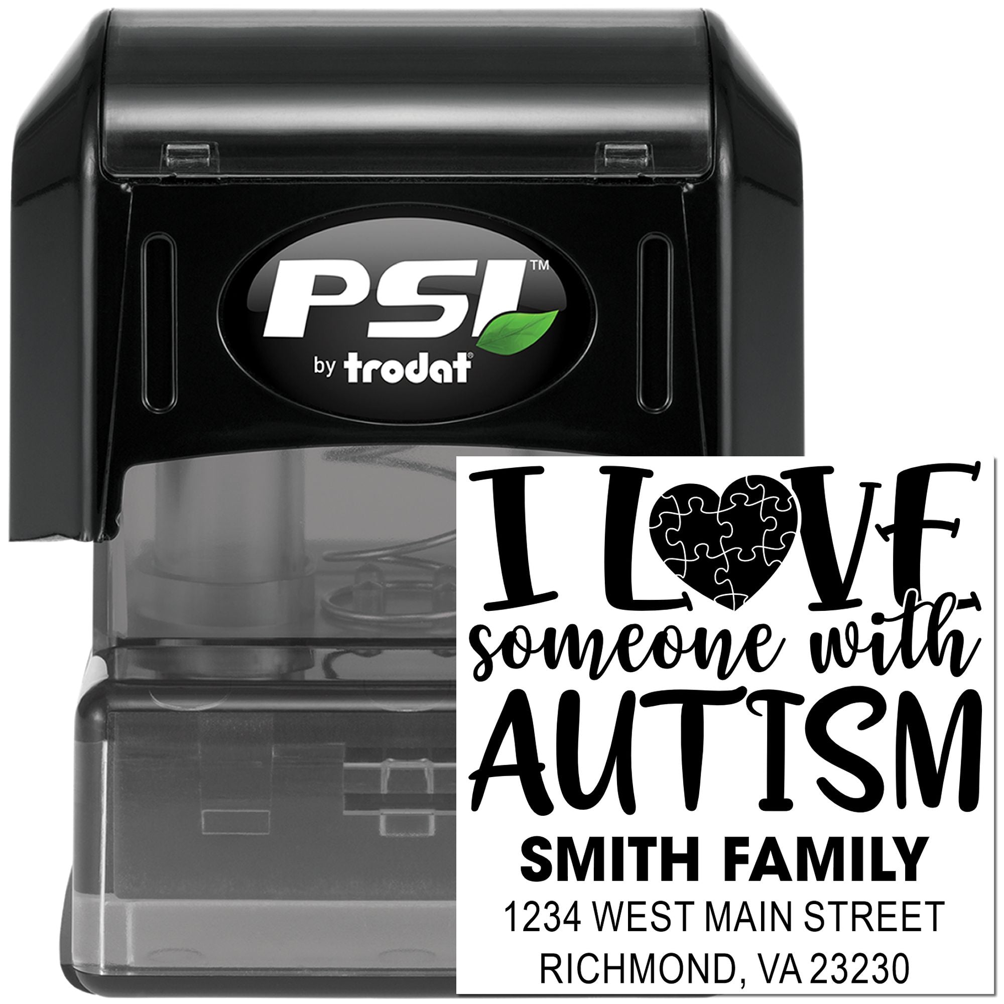 Custom self-inking rubber stamp for autism support featuring personalized family name and address, PSI by Trodat
