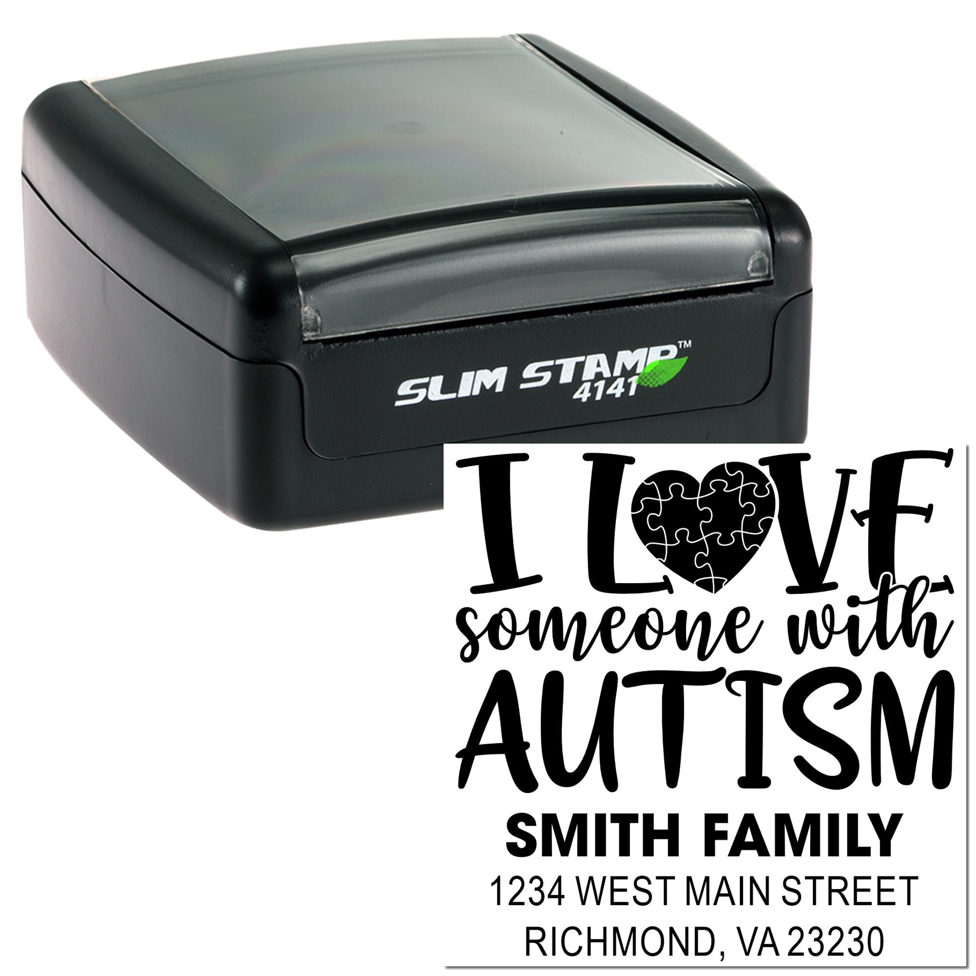 Custom self-inking autism awareness address stamp with personalized family name and mailing address.