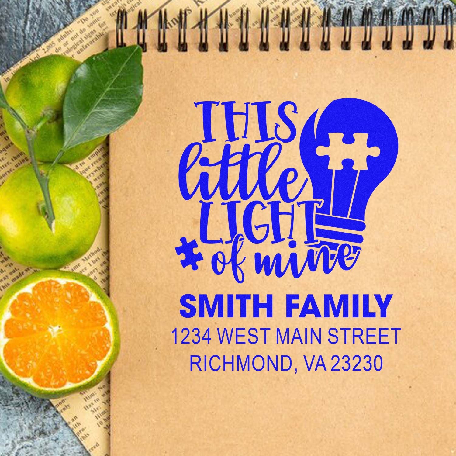 Custom address rubber stamp design for Smith Family with This Little Light of Mine puzzle-lightbulb artwork.