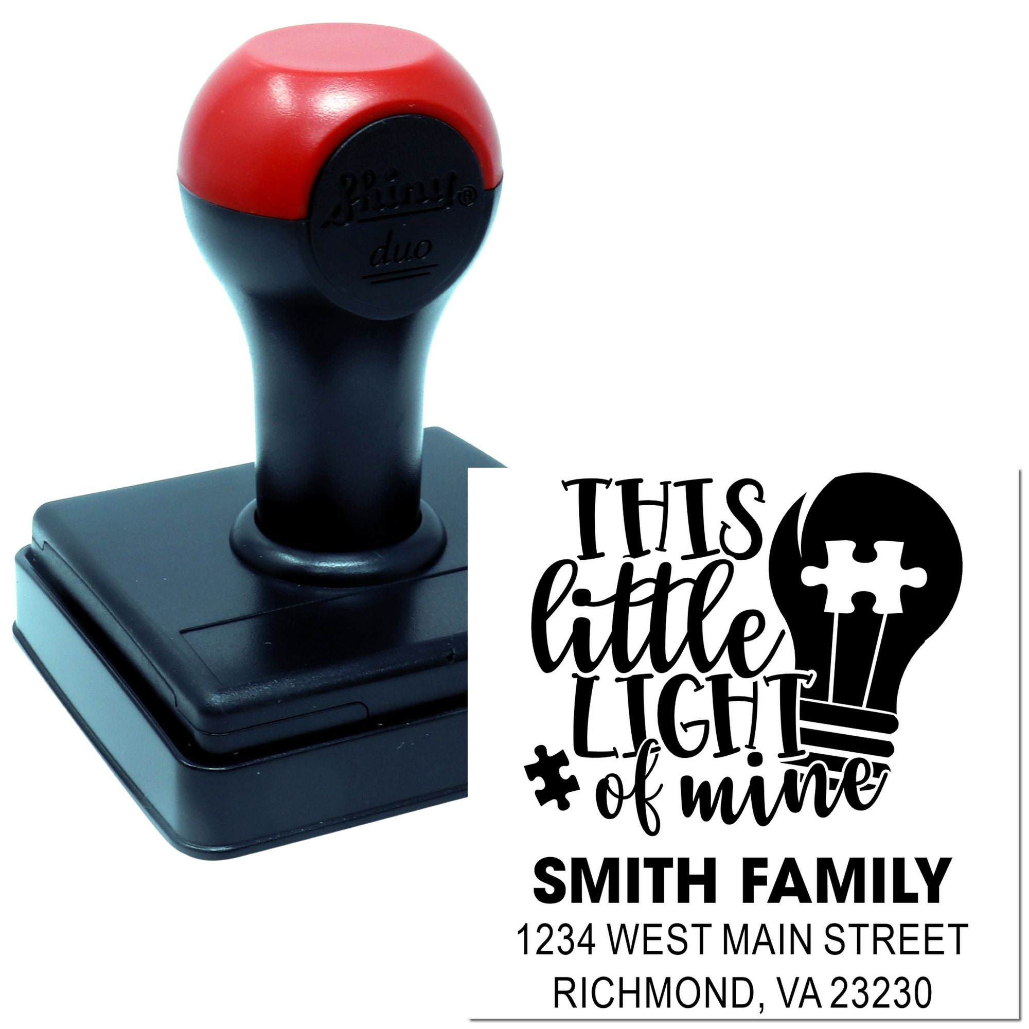 Custom self-inking rubber stamp with This Little Light of Mine design, Smith family name, and return address imprint.