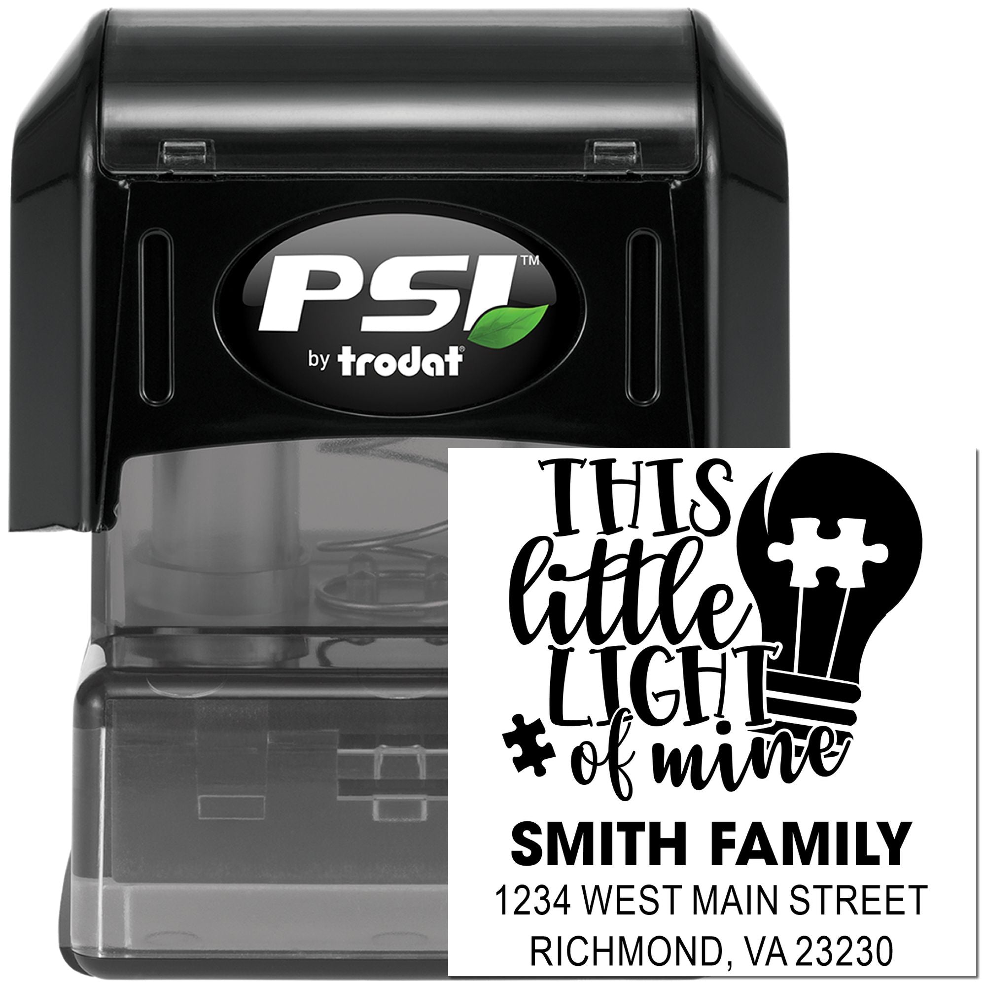 PSI by Trodat self-inking rubber stamp with custom family address design and This little light of mine imprint.