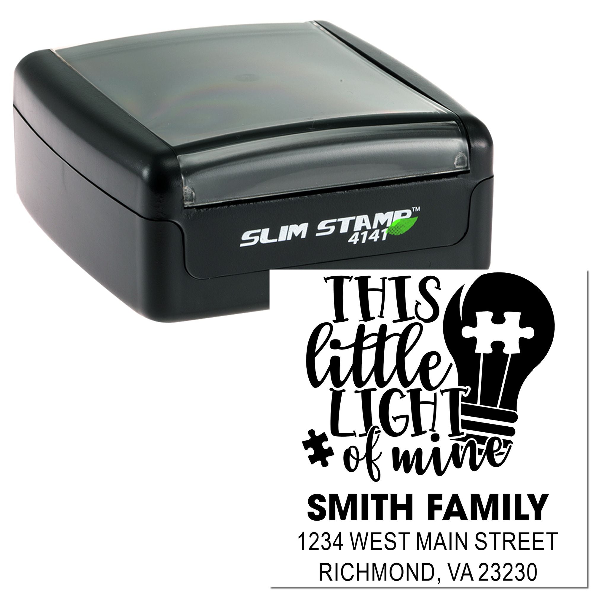 Custom self-inking rubber address stamp with This Little Light of Mine design and Smith Family return address.