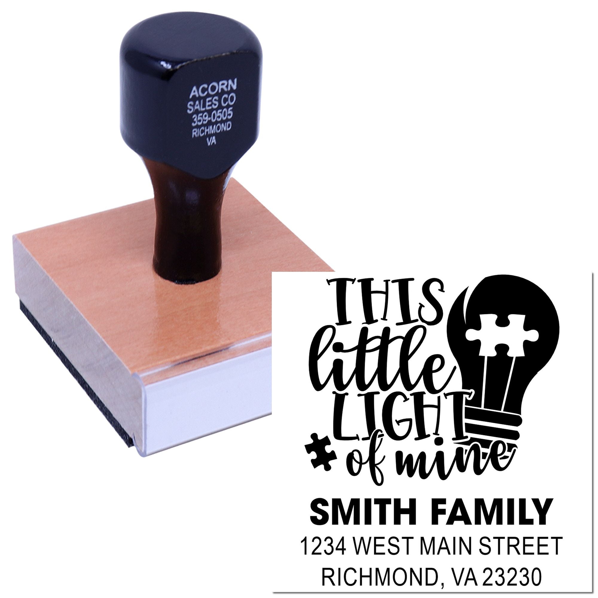 Personalized rubber stamp for family address, featuring This Little Light of Mine lightbulb design