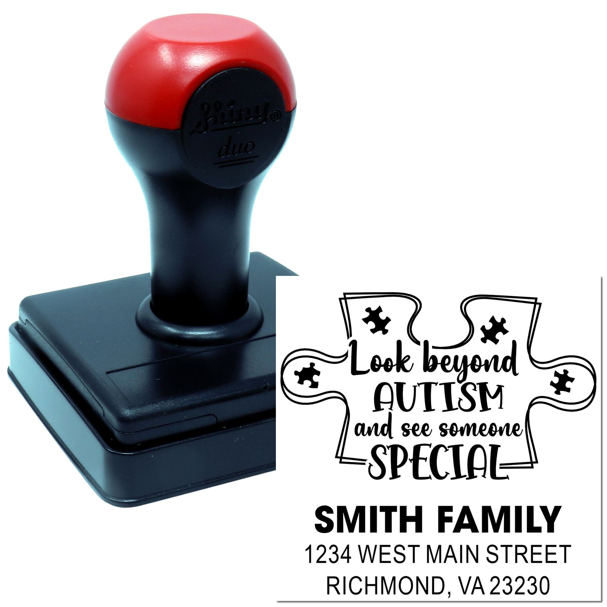 Custom self-inking rubber stamp with autism awareness quote and personalized Smith Family address.
