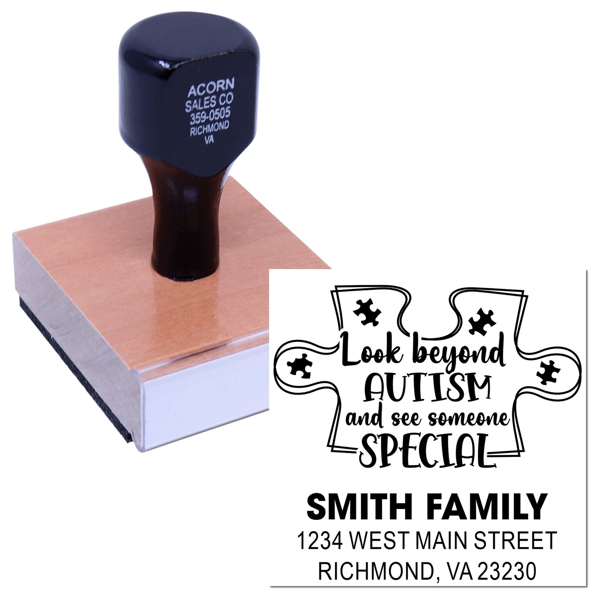 Custom rubber stamp with autism awareness design and Smith family address for personalized mailing or branding.