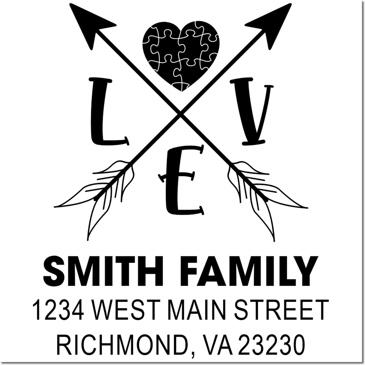 Custom family address rubber stamp with puzzle heart monogram, love arrows, Smith Family name, and Richmond, VA return address.