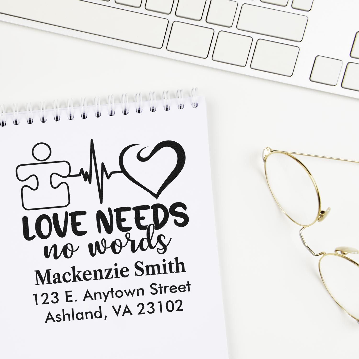 Personalized rubber stamp design with Love Needs No Words and return address for stationery, gifts, or branding.