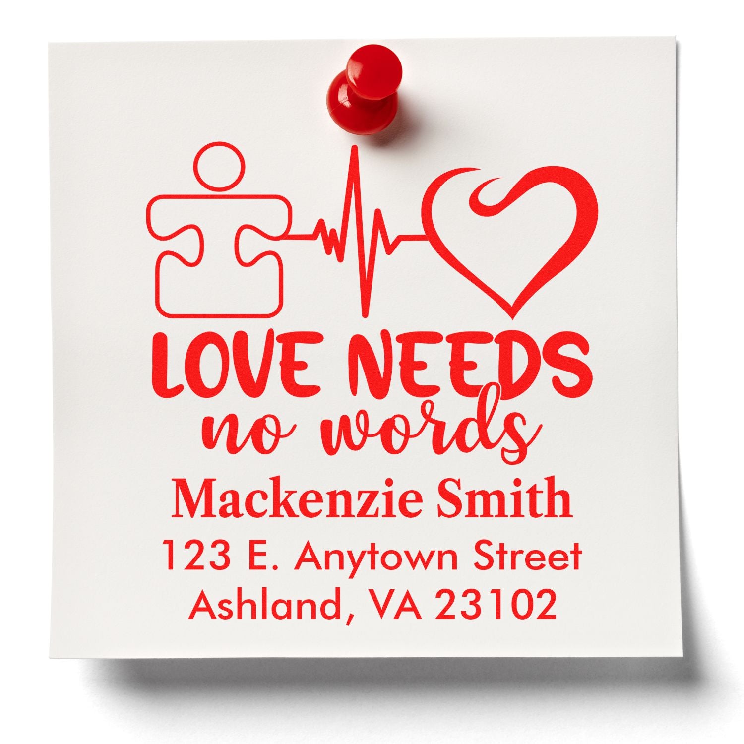 Custom rubber stamp with Love Needs No Words design and personalized name and address for wedding stationery.