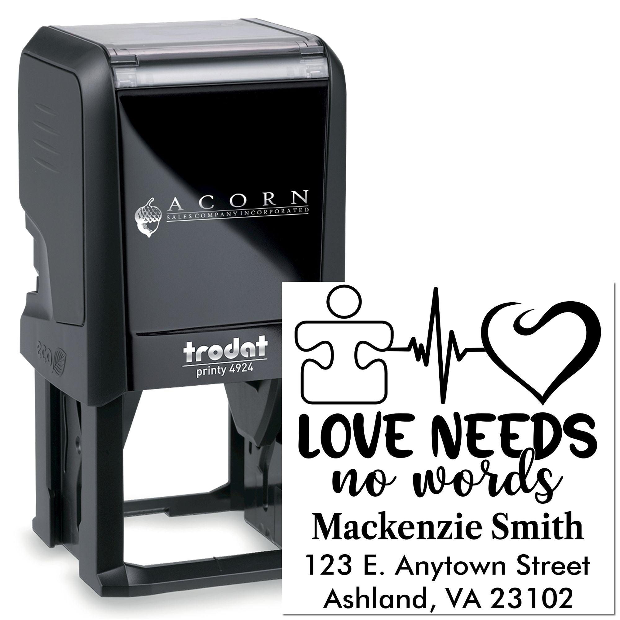 Custom self-inking address stamp with Love Needs No Words design, personalized name and address for weddings or gifts.