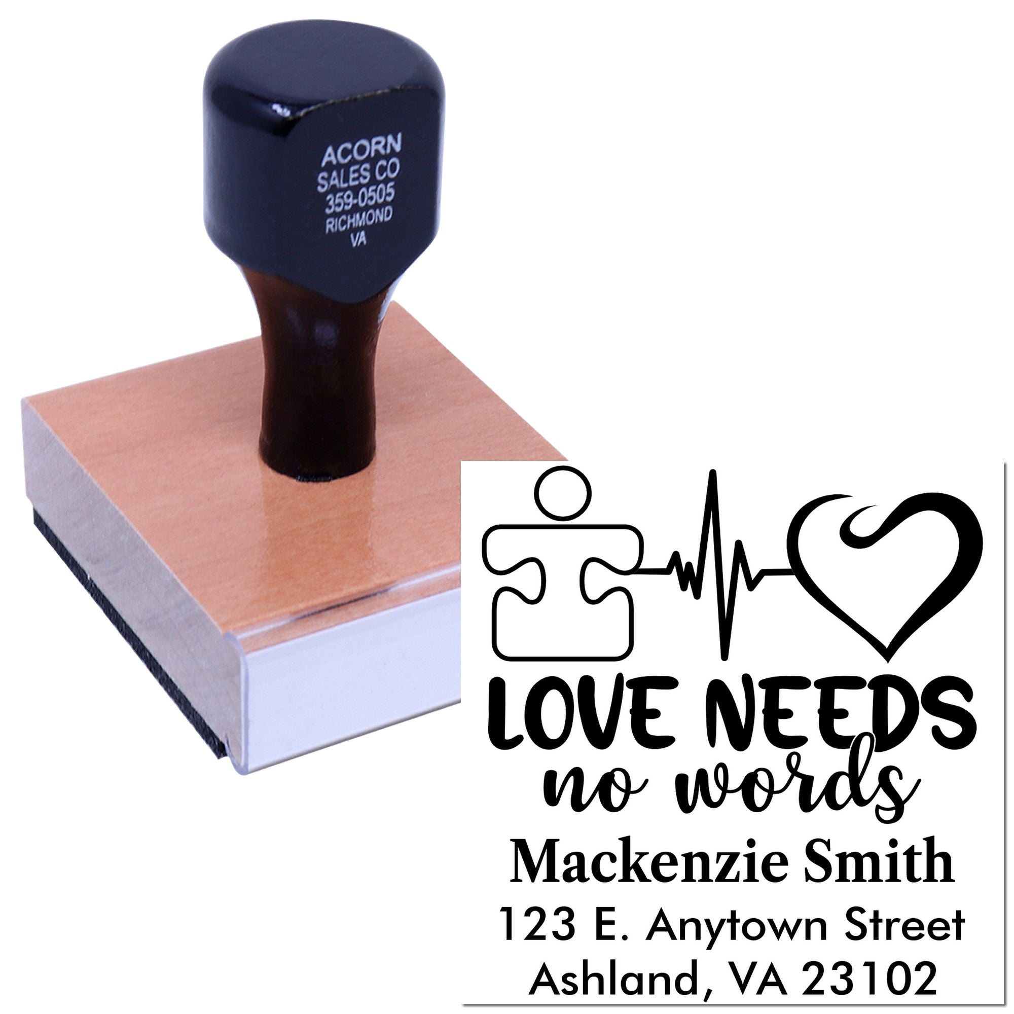 Custom rubber stamp with Love Needs No Words design, name, and address for personalized business or craft stamping.