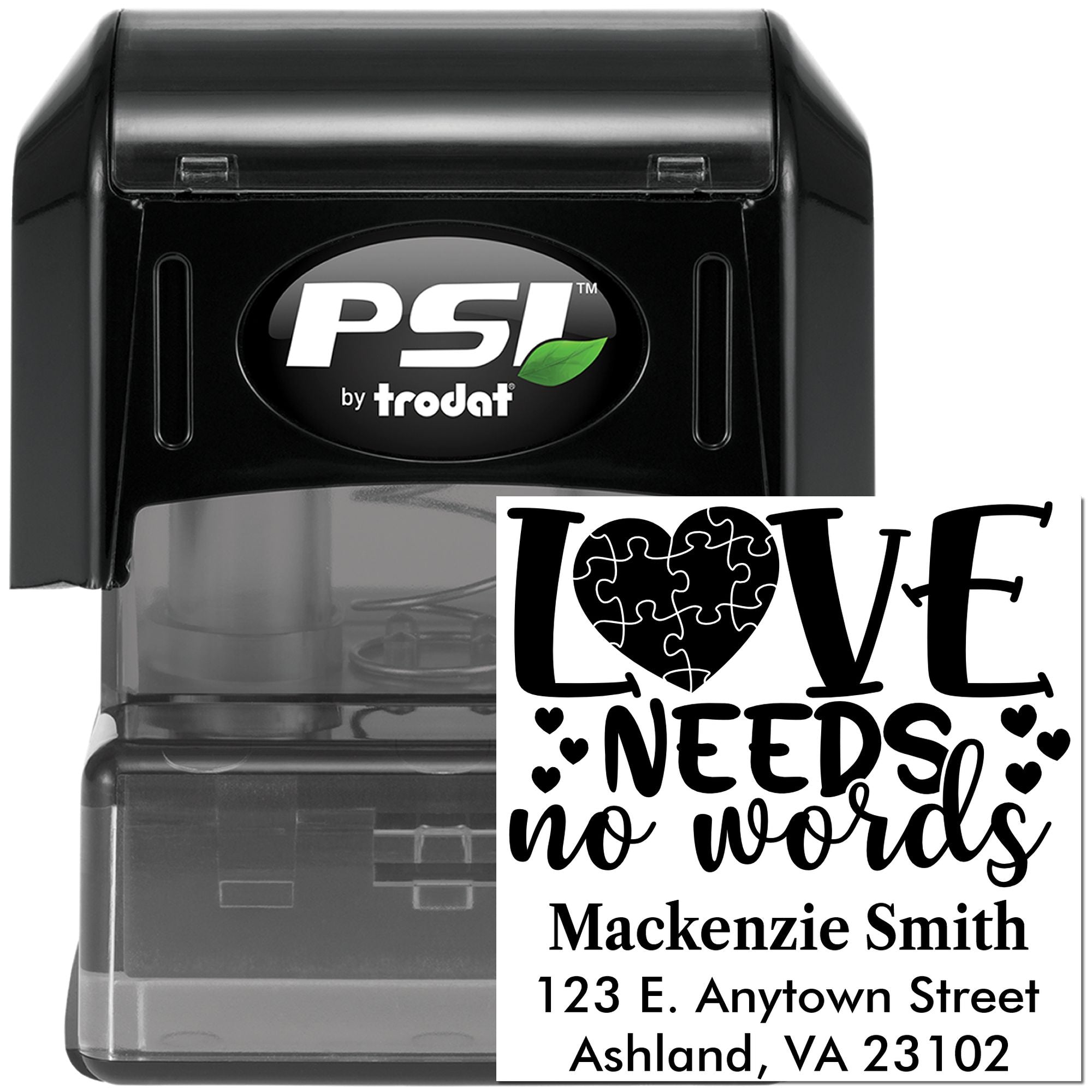 Custom PSI by Trodat self-inking rubber stamp with Love Needs No Words design and personalized return address text