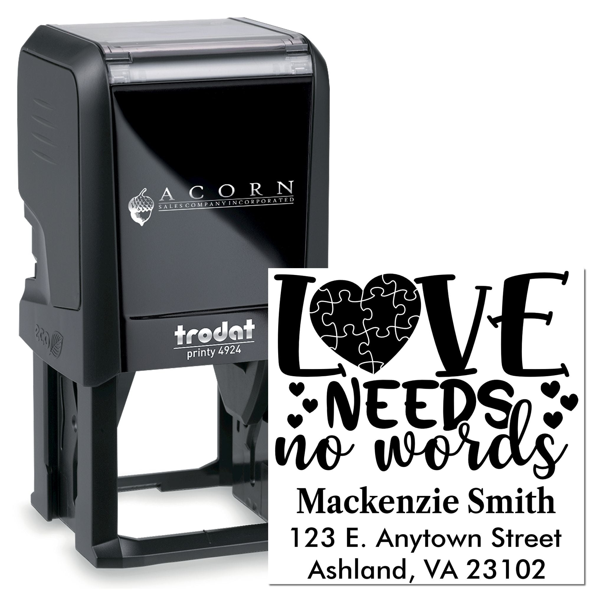Trodat Printy 4924 self-inking custom rubber stamp with Love Needs No Words design and personalized address imprint.