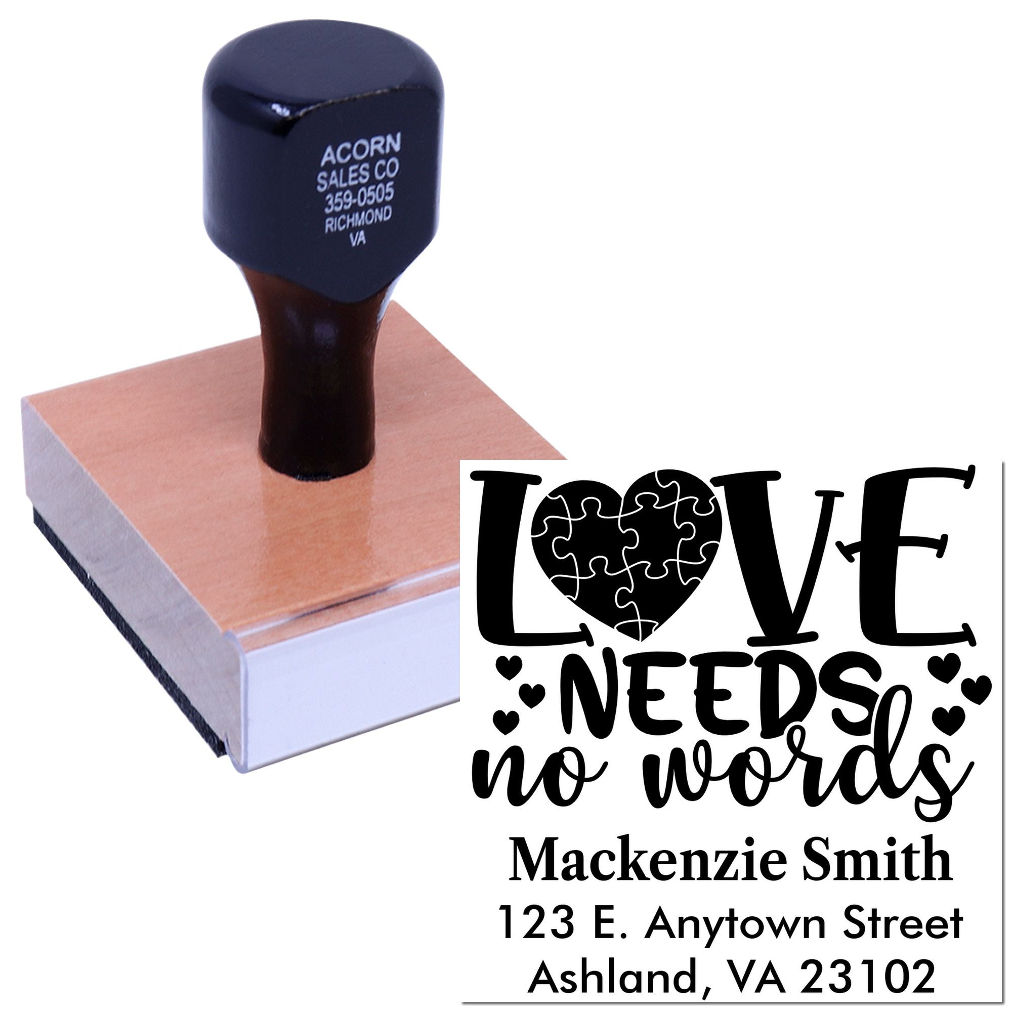 Custom address rubber stamp with Love Needs No Words design for wedding invitations and craft projects.
